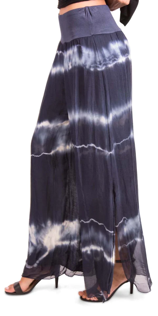 Black & White Tie Dye Silk Pant w/ Side Slit