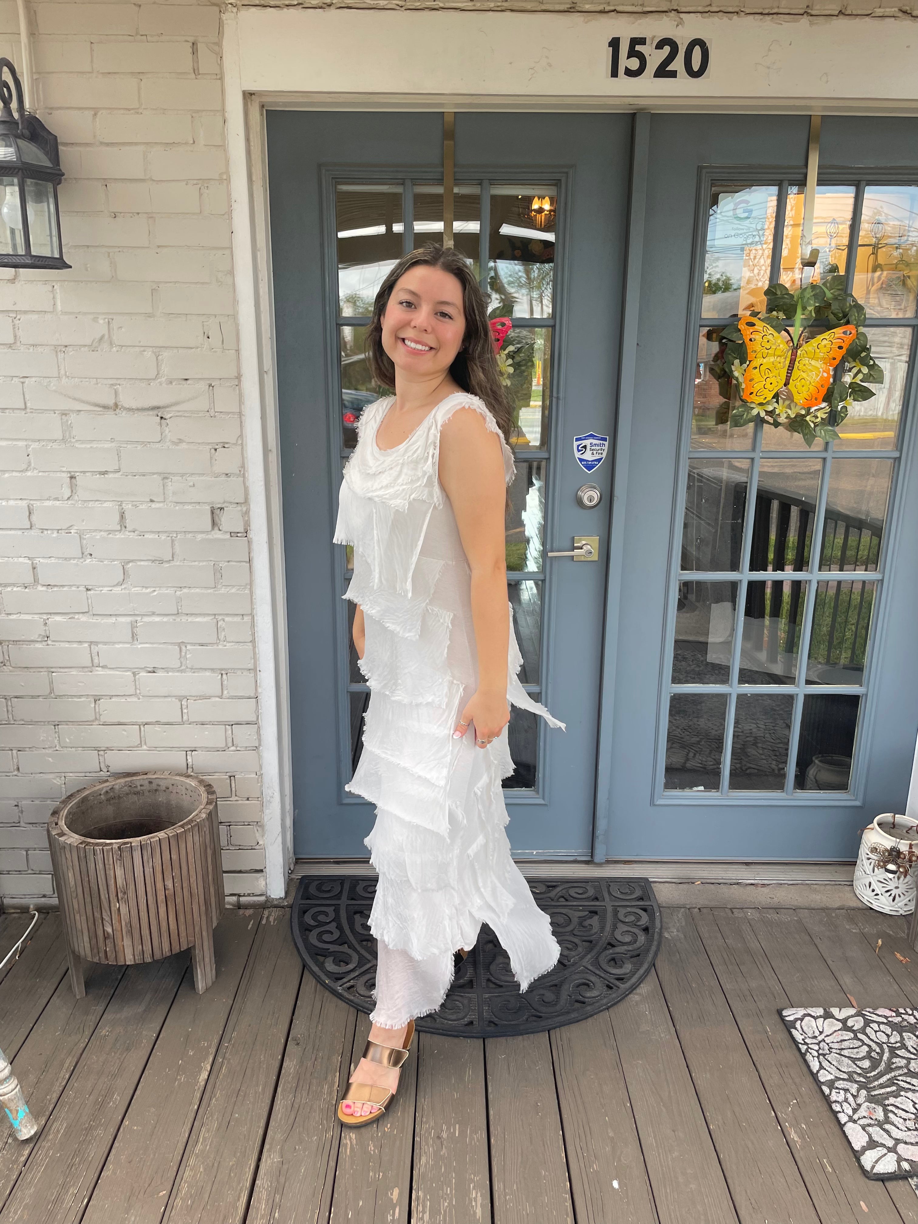 White Silk Ankle Length Ruffle Dress