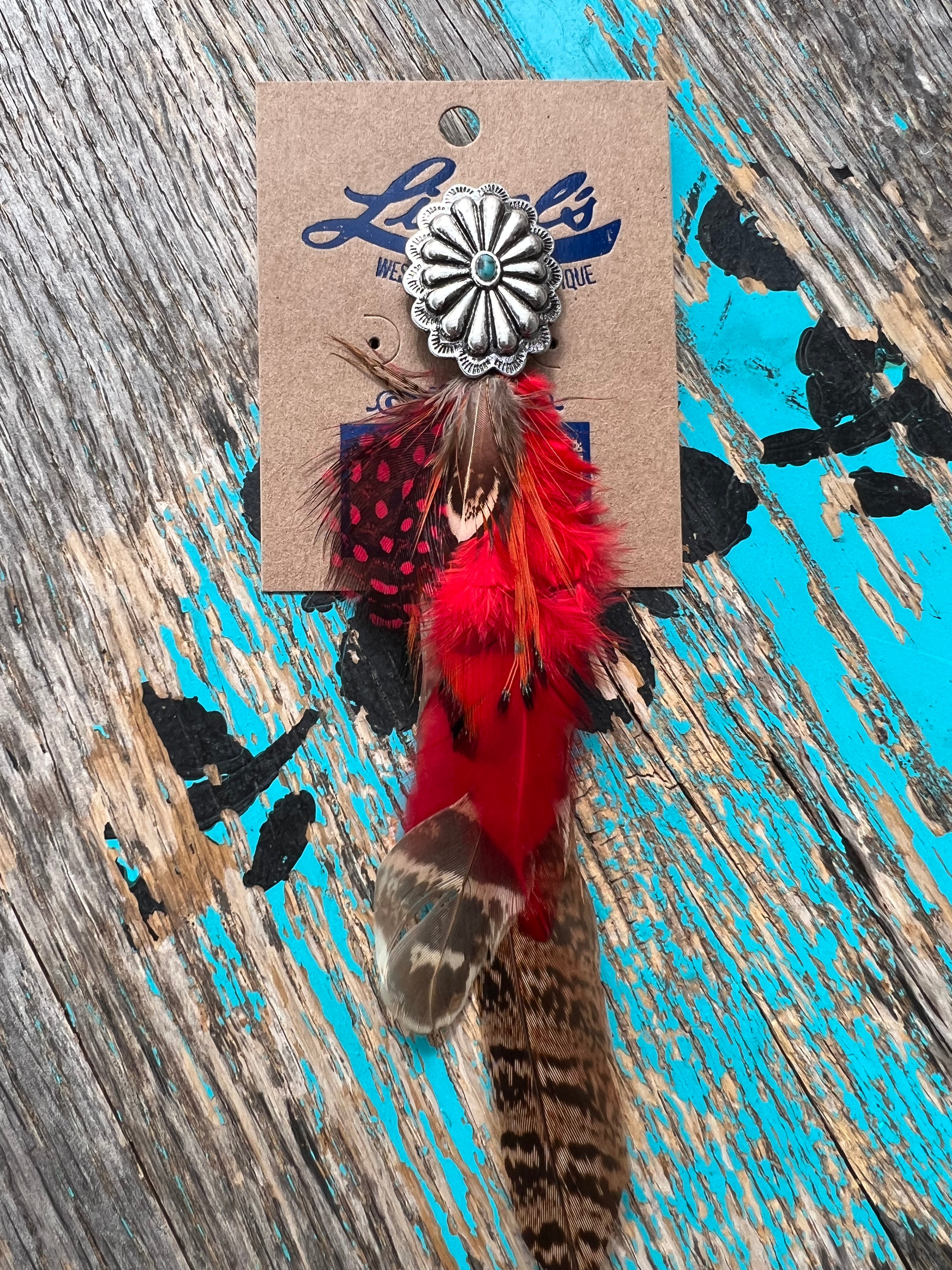 Concho & Turquoise Red Feather Hat Pin