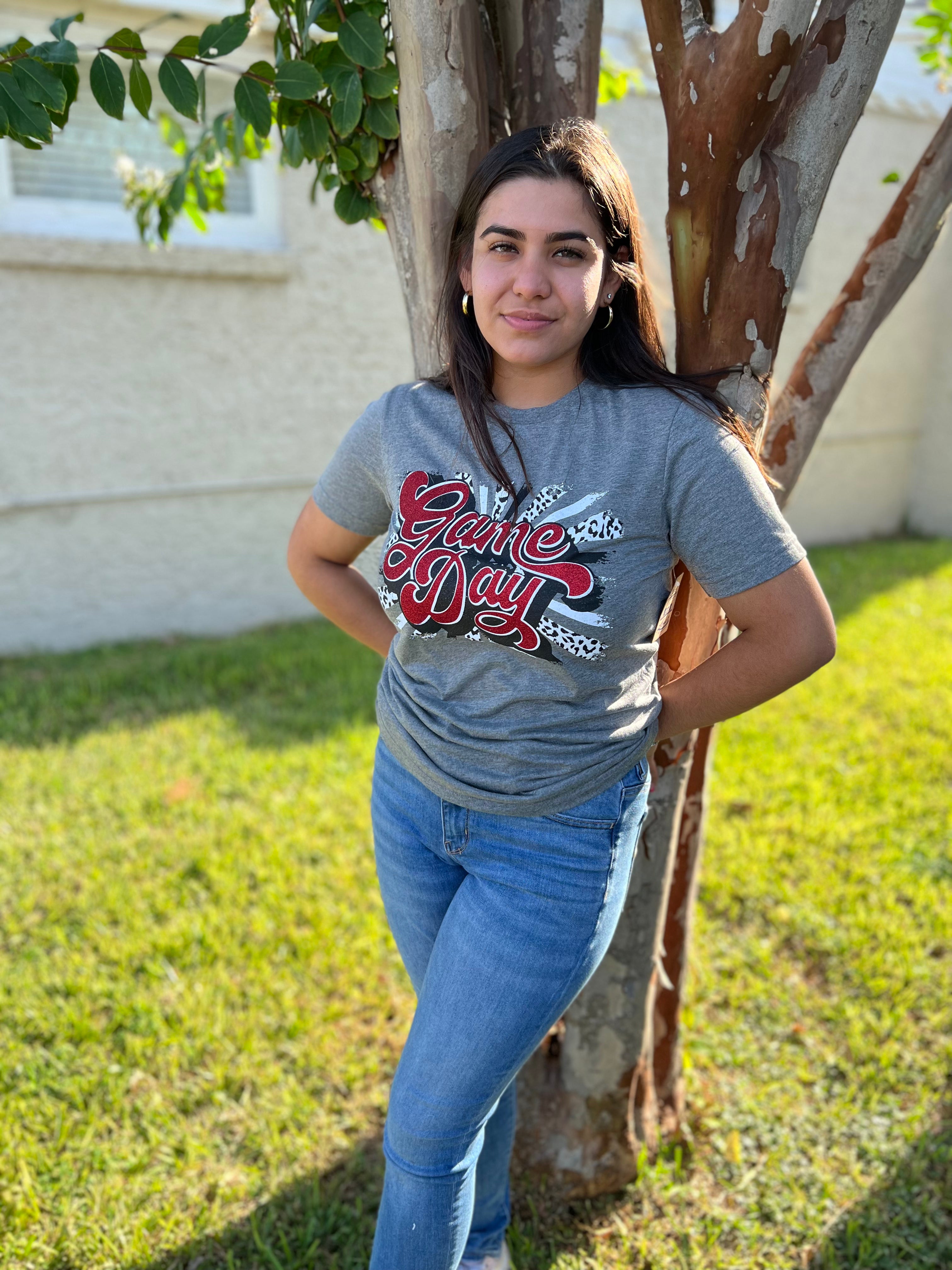 Grey w/ Red & Black Glitter Retro Game Day Tee