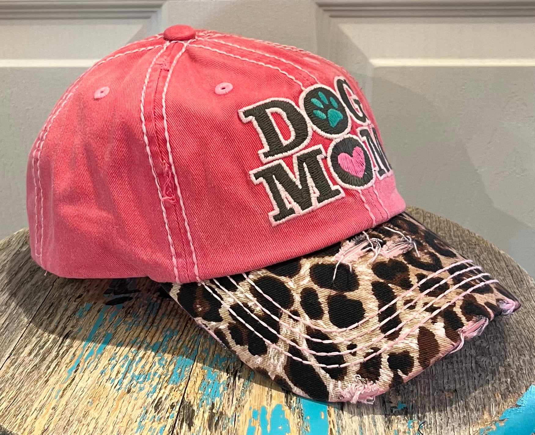 Dog Mom Distressed Pink Embroidered Cap