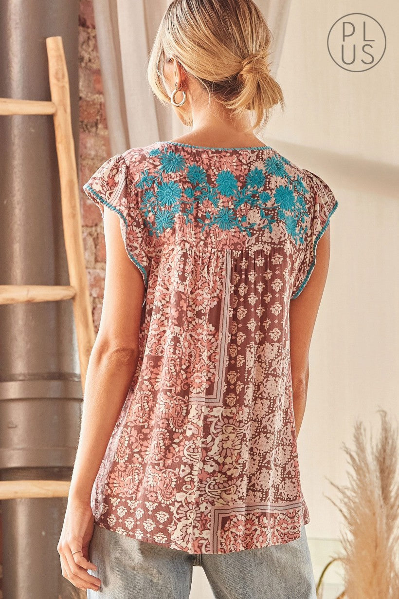 Mauve Flutter Sleeve Top w/ Turquoise Embroidery