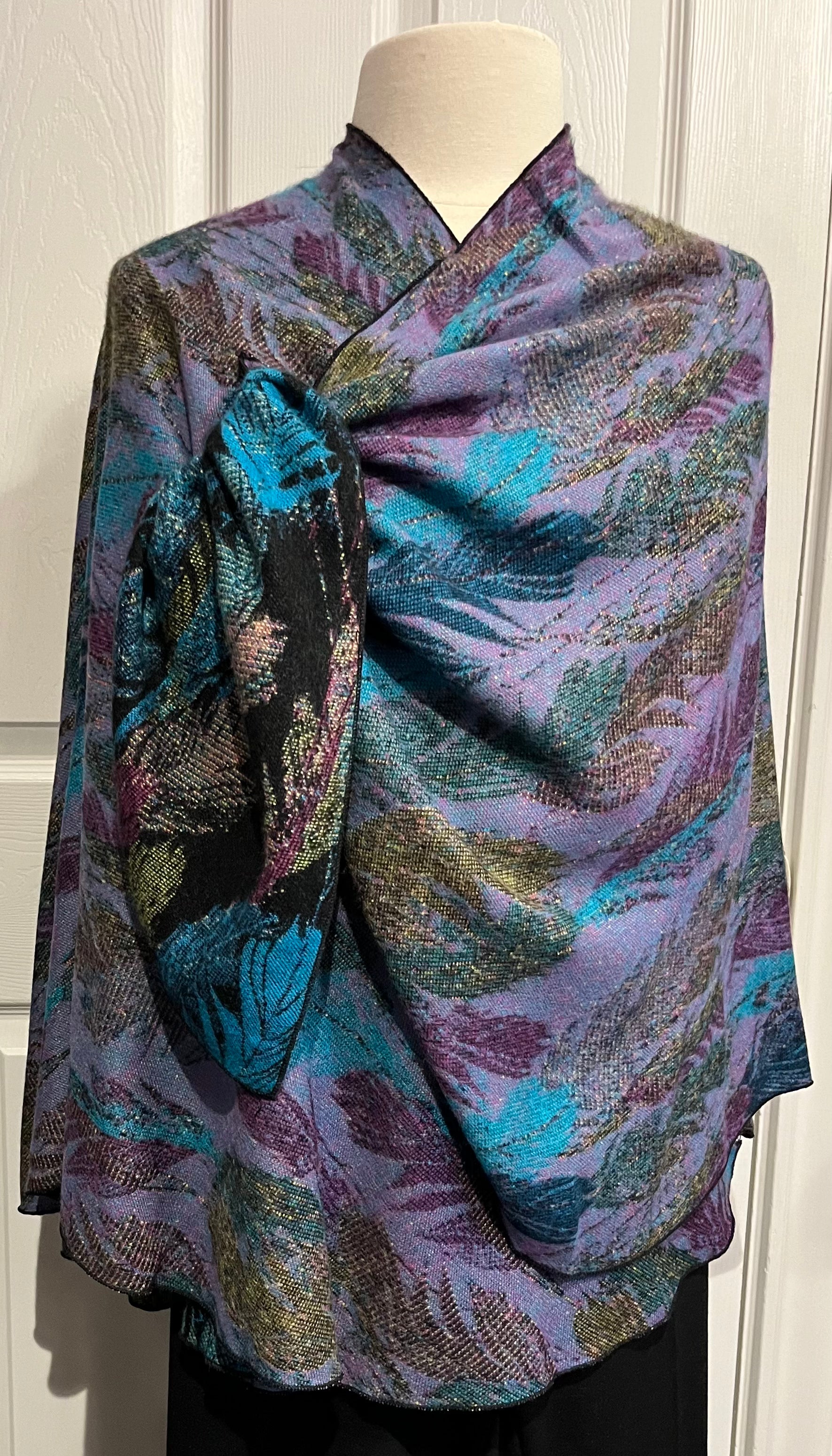 Jewel Tone Feather Design Reversible Cashmere Shawl