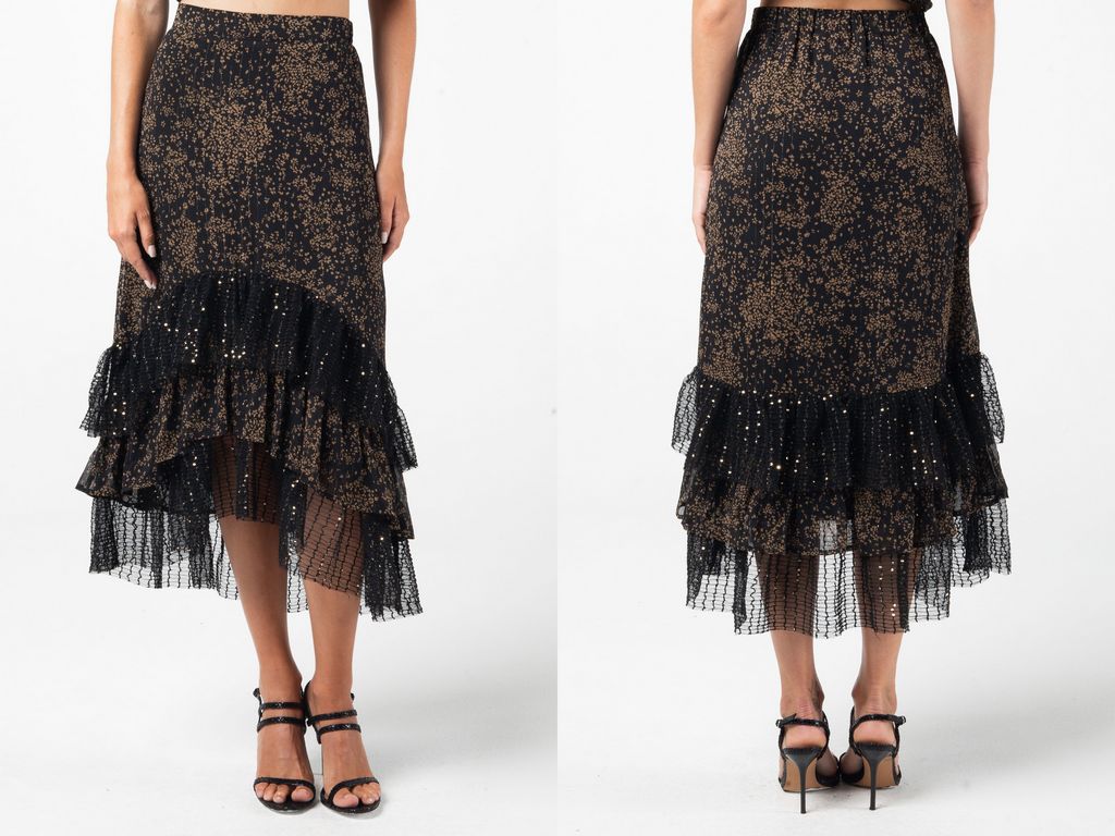 Black & Gold Ruffled Floral Hi/Lo Skirt by Miss Me