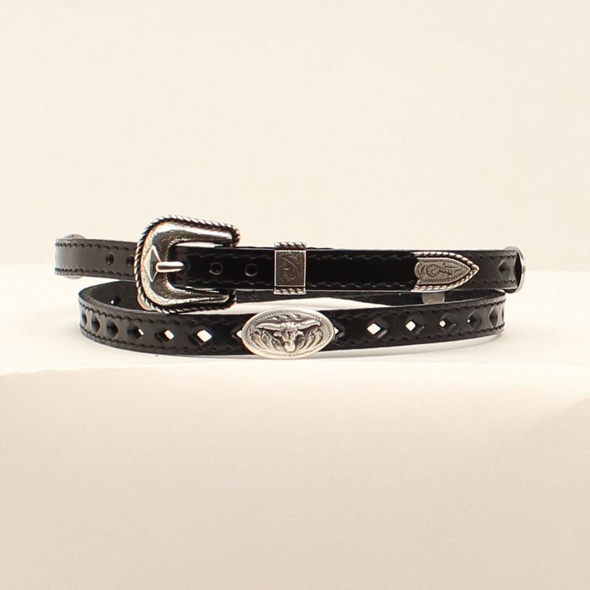 Black Leather Hat Band with Silver Oval Longhorn