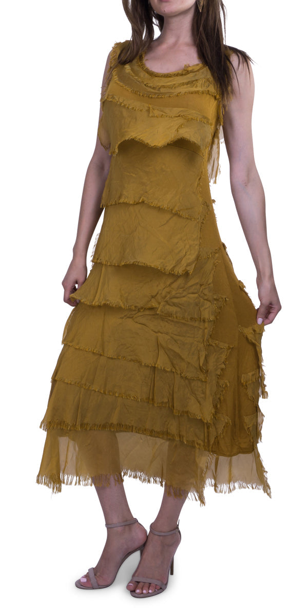 Mustard Silk Ankle Length Ruffle Dress