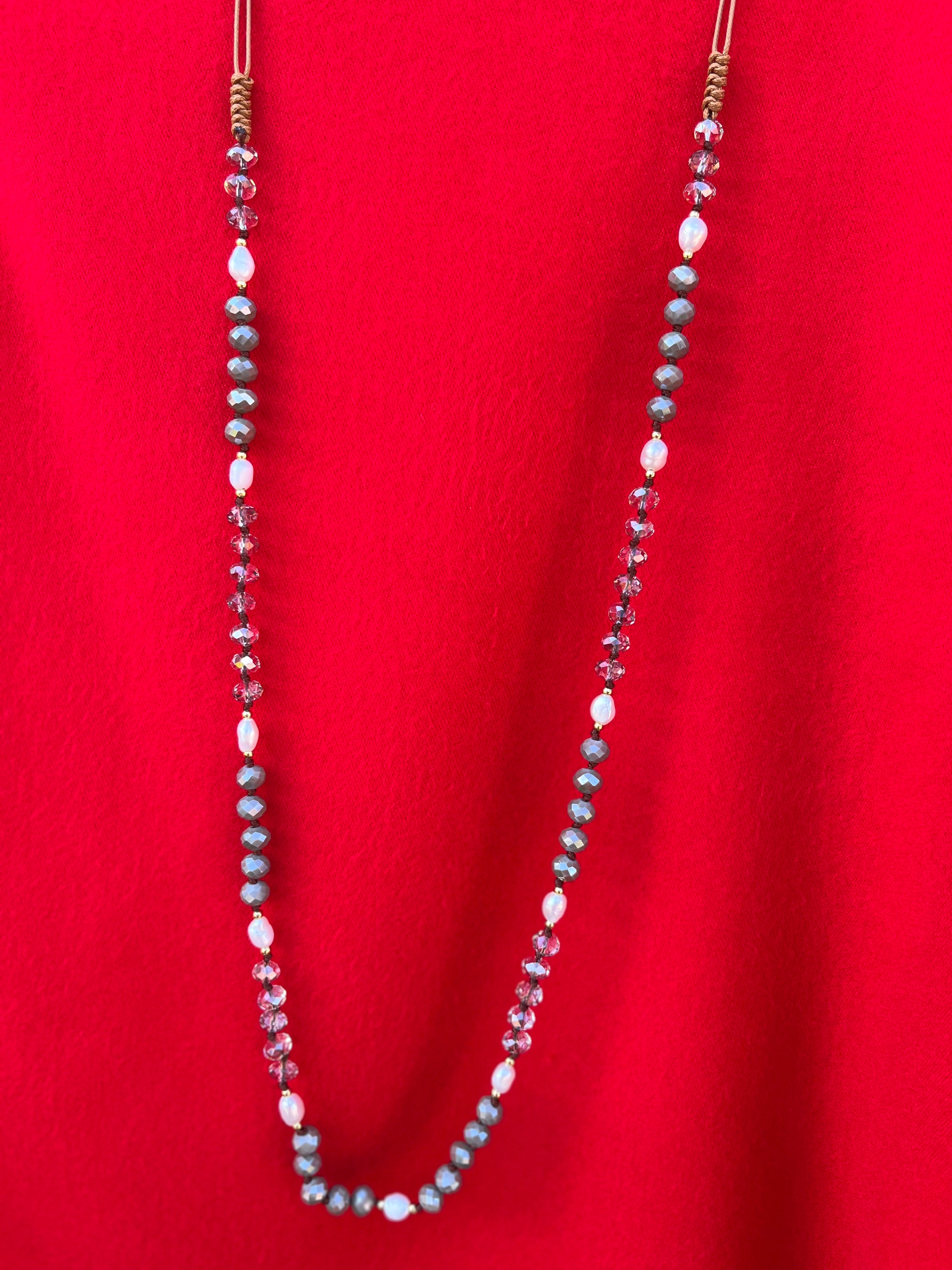 Grey Crystal & Pearl Knotted 40" Necklace