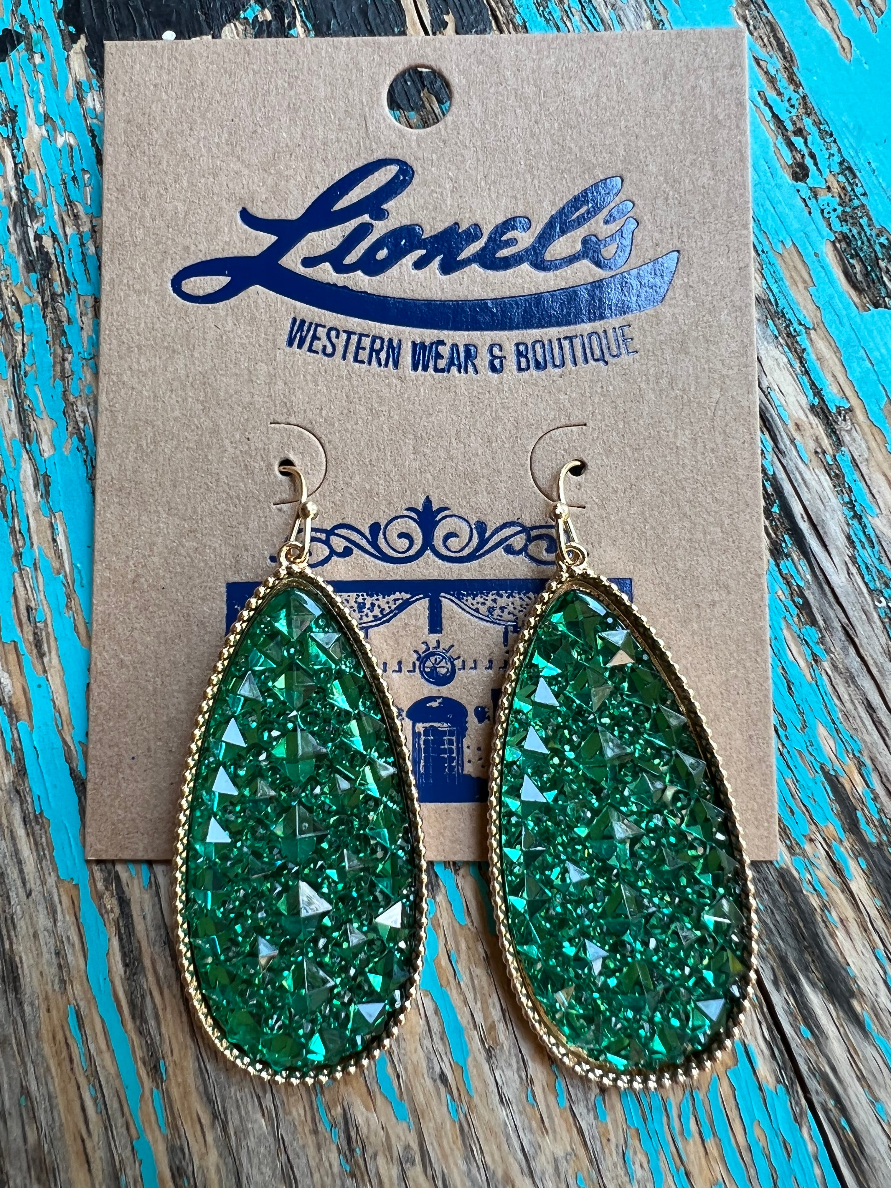 Hunter Green Teardrop Crystal Cluster Fashion Earrings/Gold