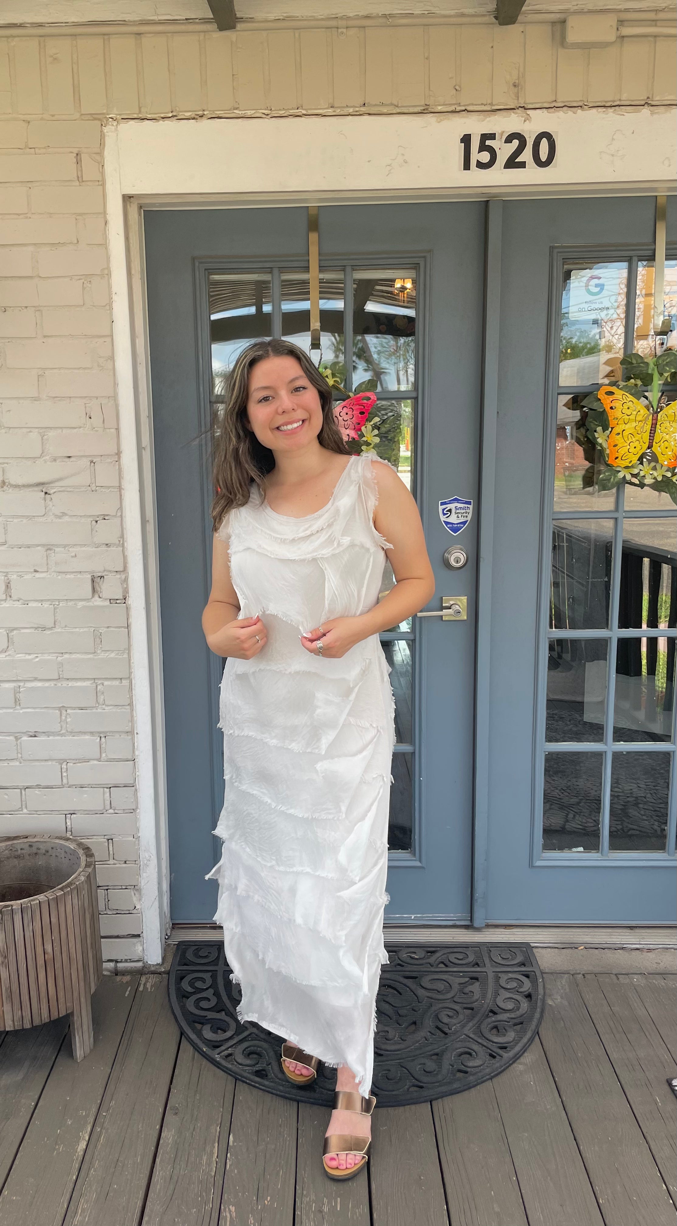 White Silk Ankle Length Ruffle Dress
