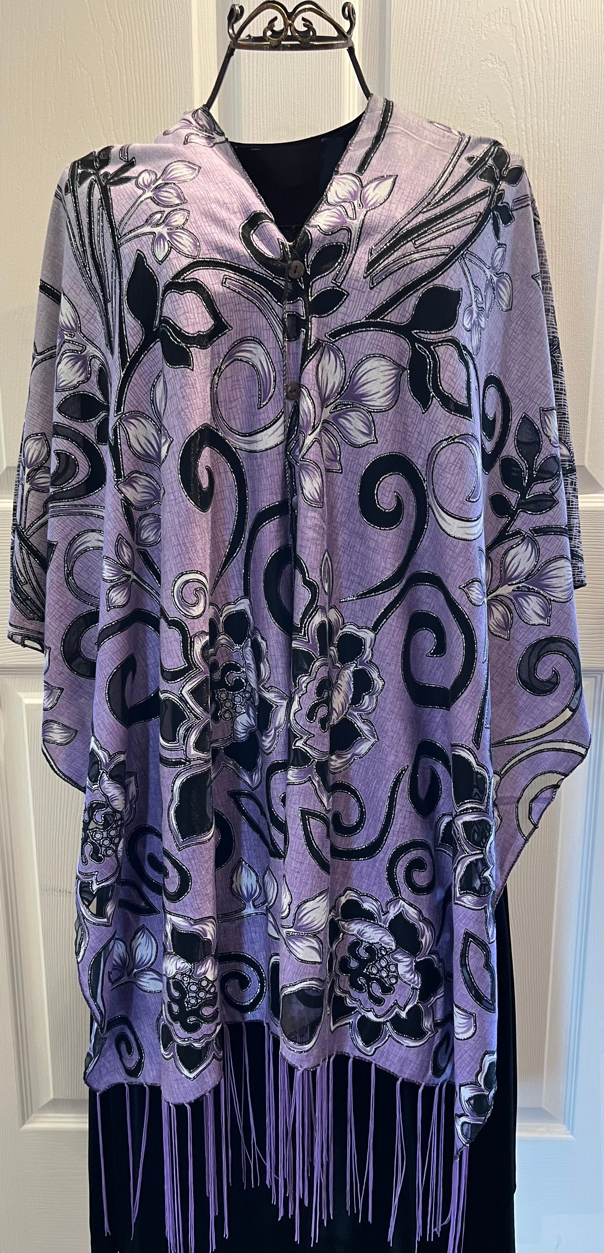 Purple & Black Scroll Flower 7-Way Scarf