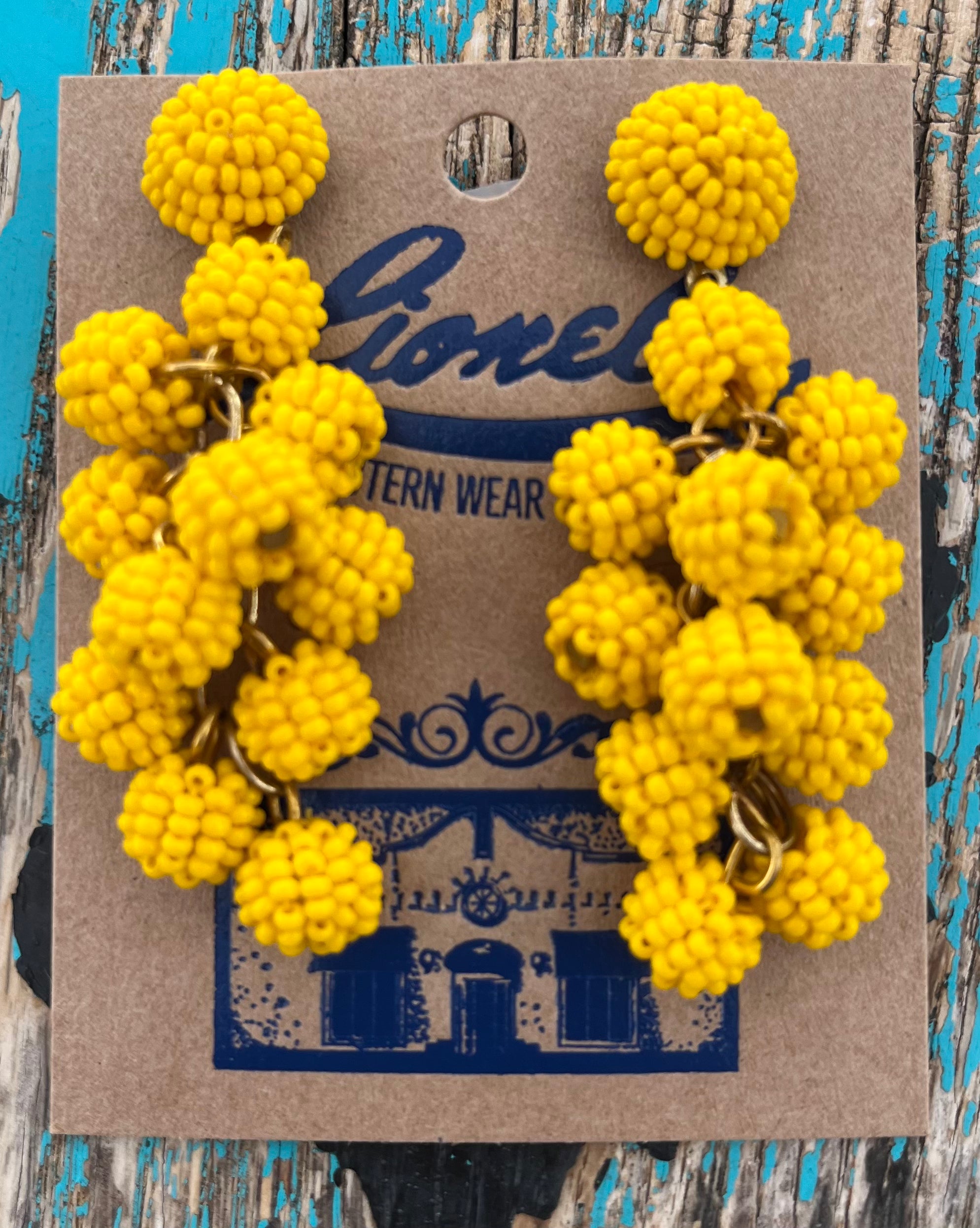 Yellow Dangling Beaded Balls Pierced Earrings