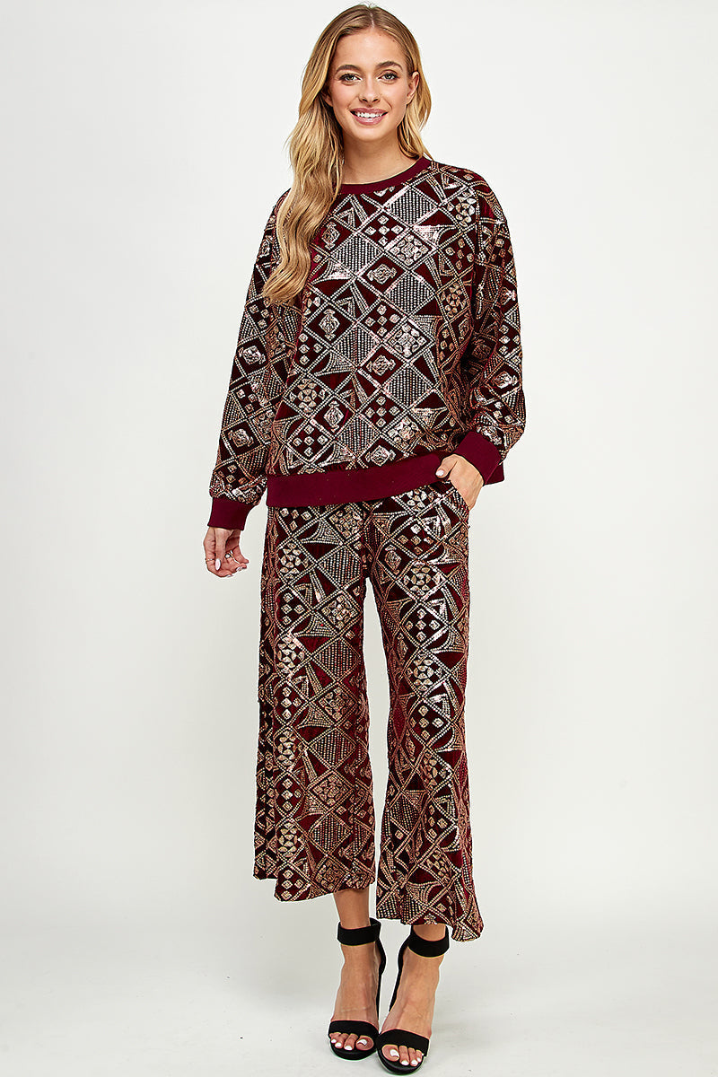 Burgundy Velvet & Sequin Cropped Wide Pants