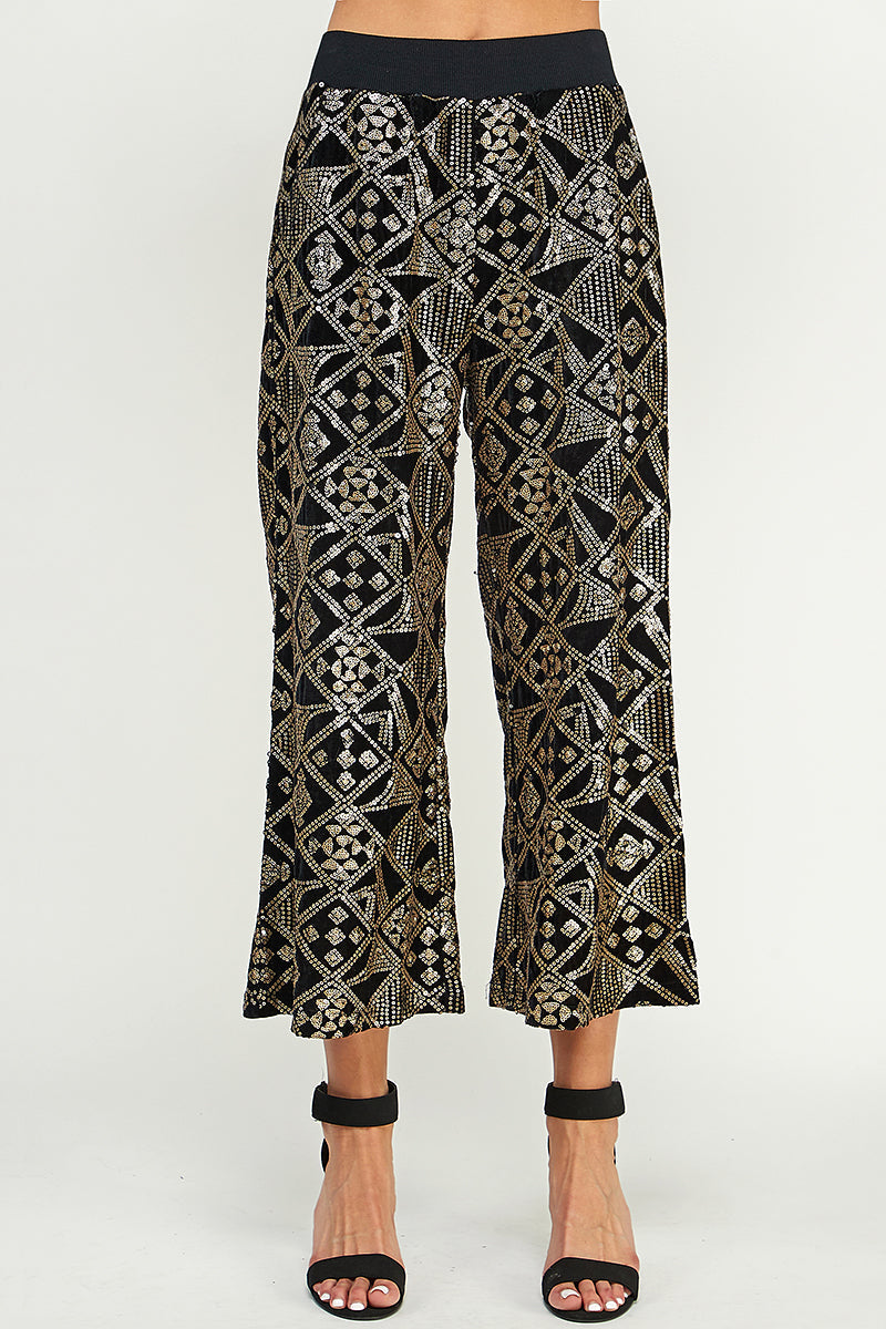 Black Velvet & Sequin Cropped Wide Pants