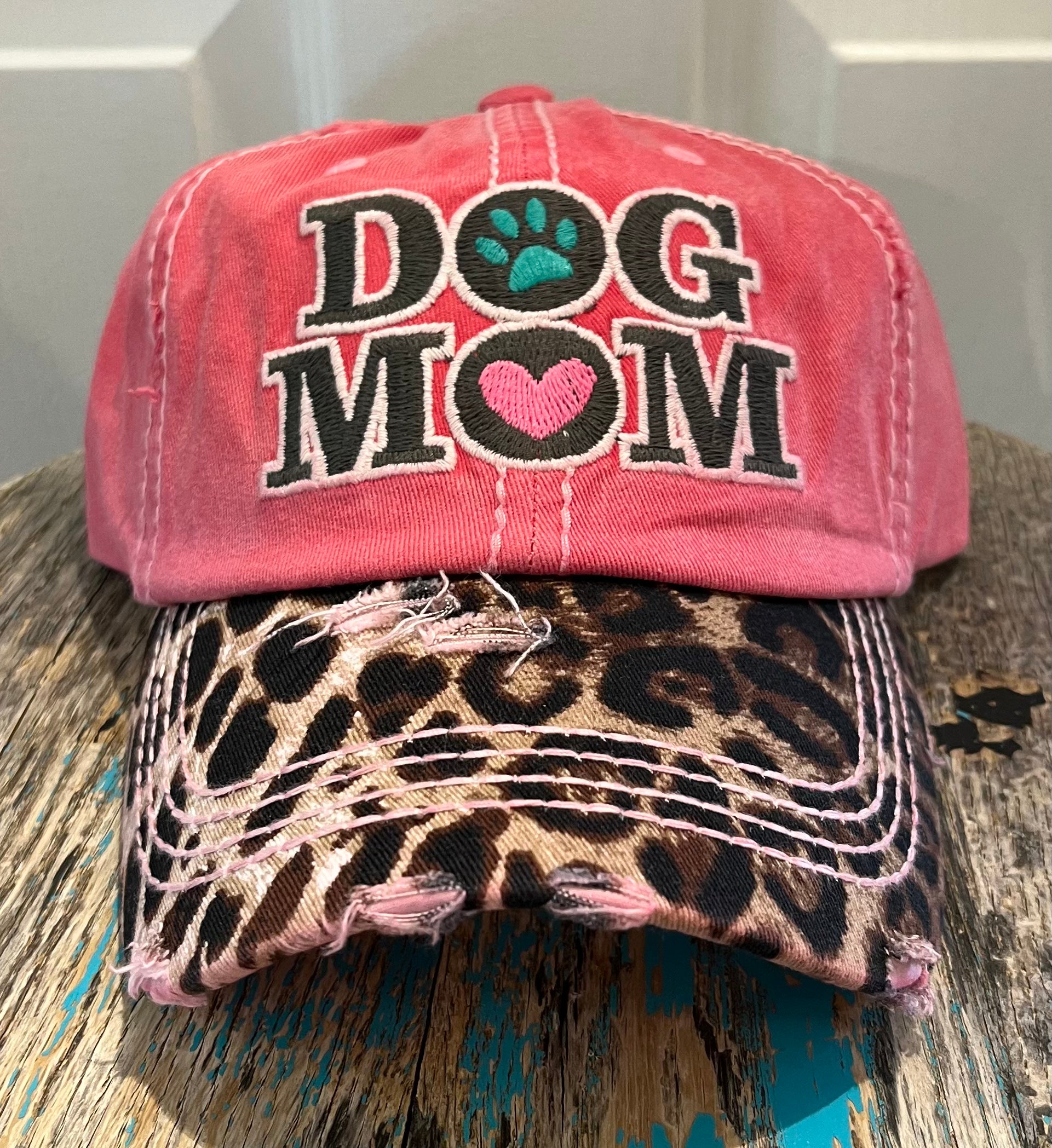 Dog Mom Distressed Pink Embroidered Cap