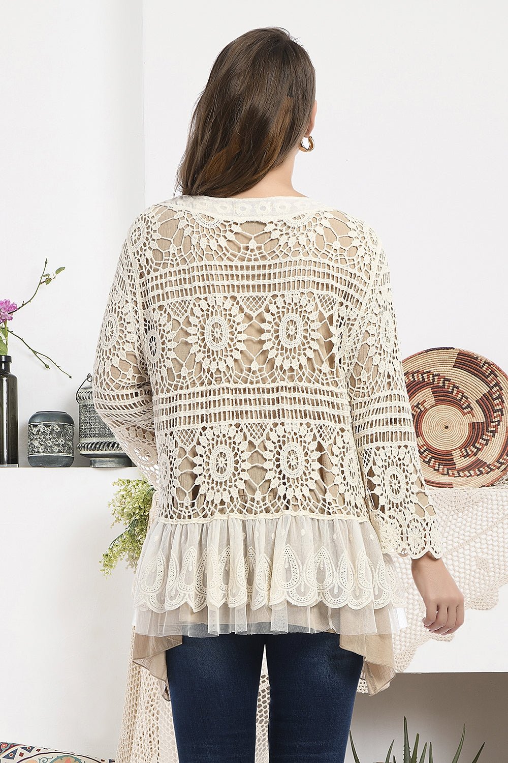 Cotton Crochet Cardigan w/ Ruffle Lace Detail