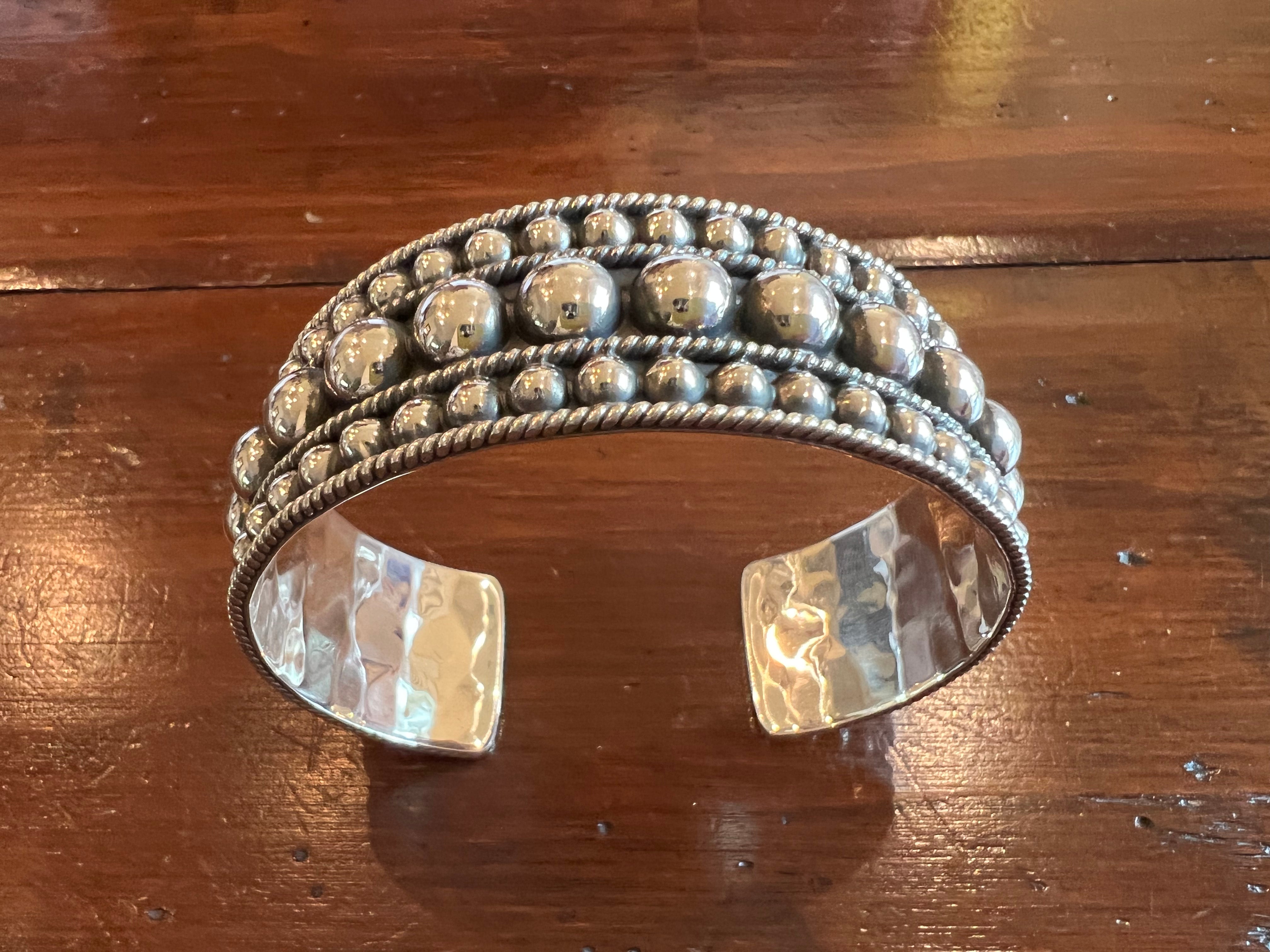 Sterling Silver Triple Row Beaded Cuff Bracelet
