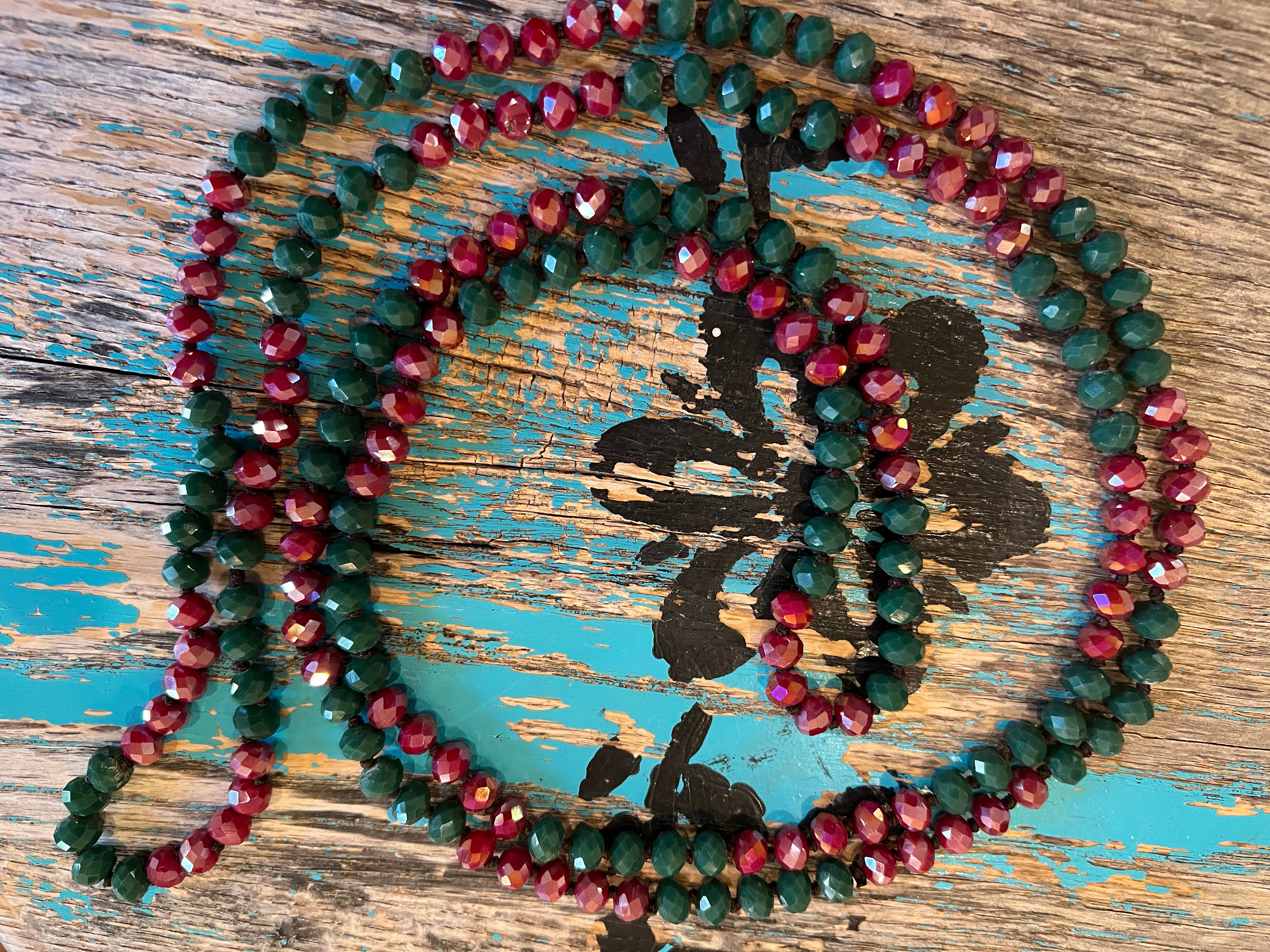 60" Hand Knotted Wine/Hunter Green Bead Necklace