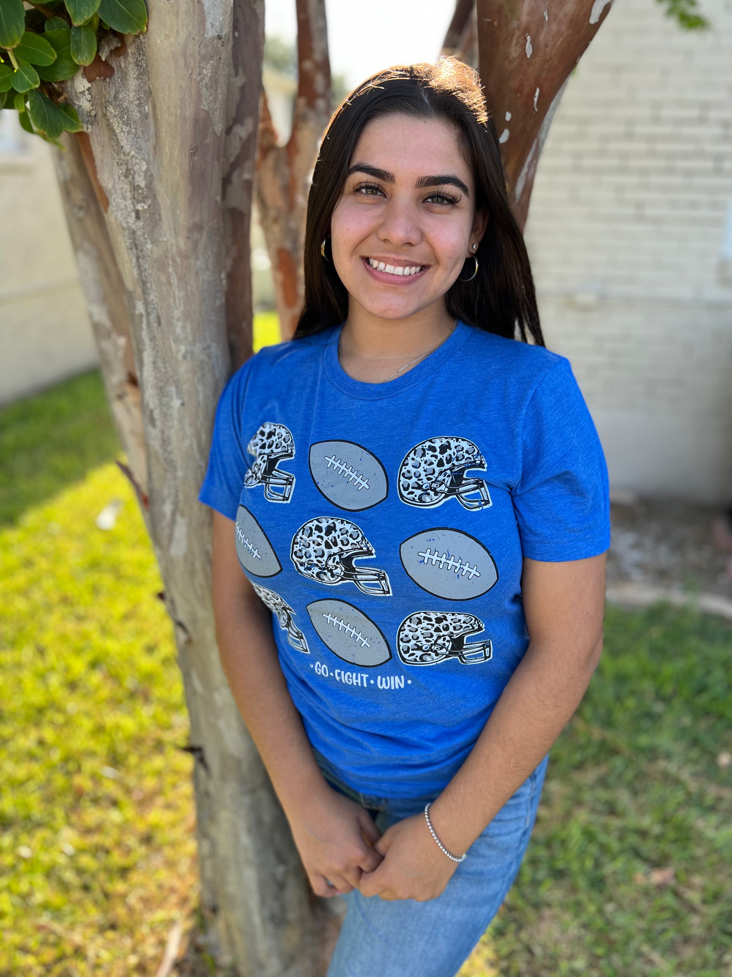 Royal Blue Graphic Tee w/ Leopard Football Helmets