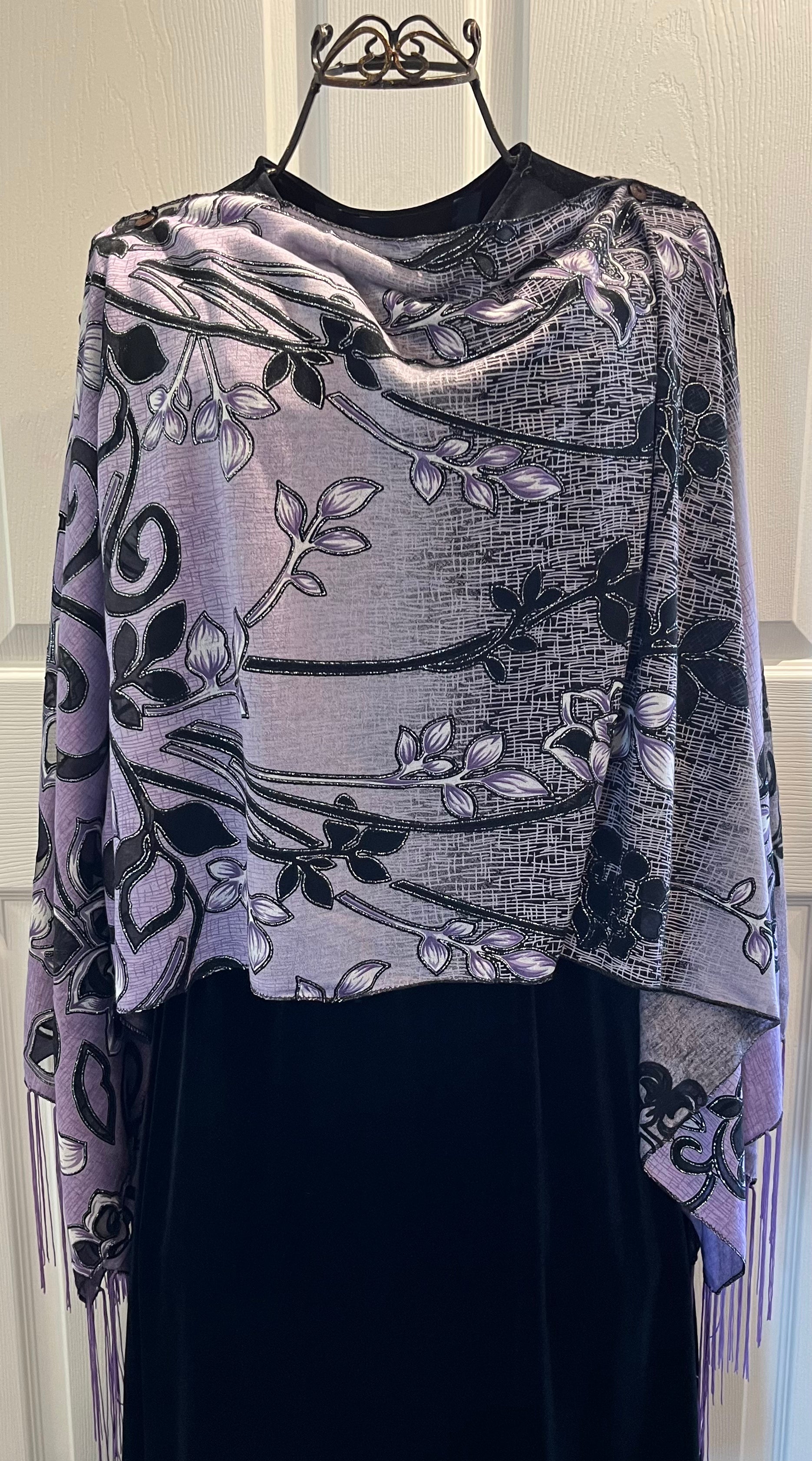 Purple & Black Scroll Flower 7-Way Scarf