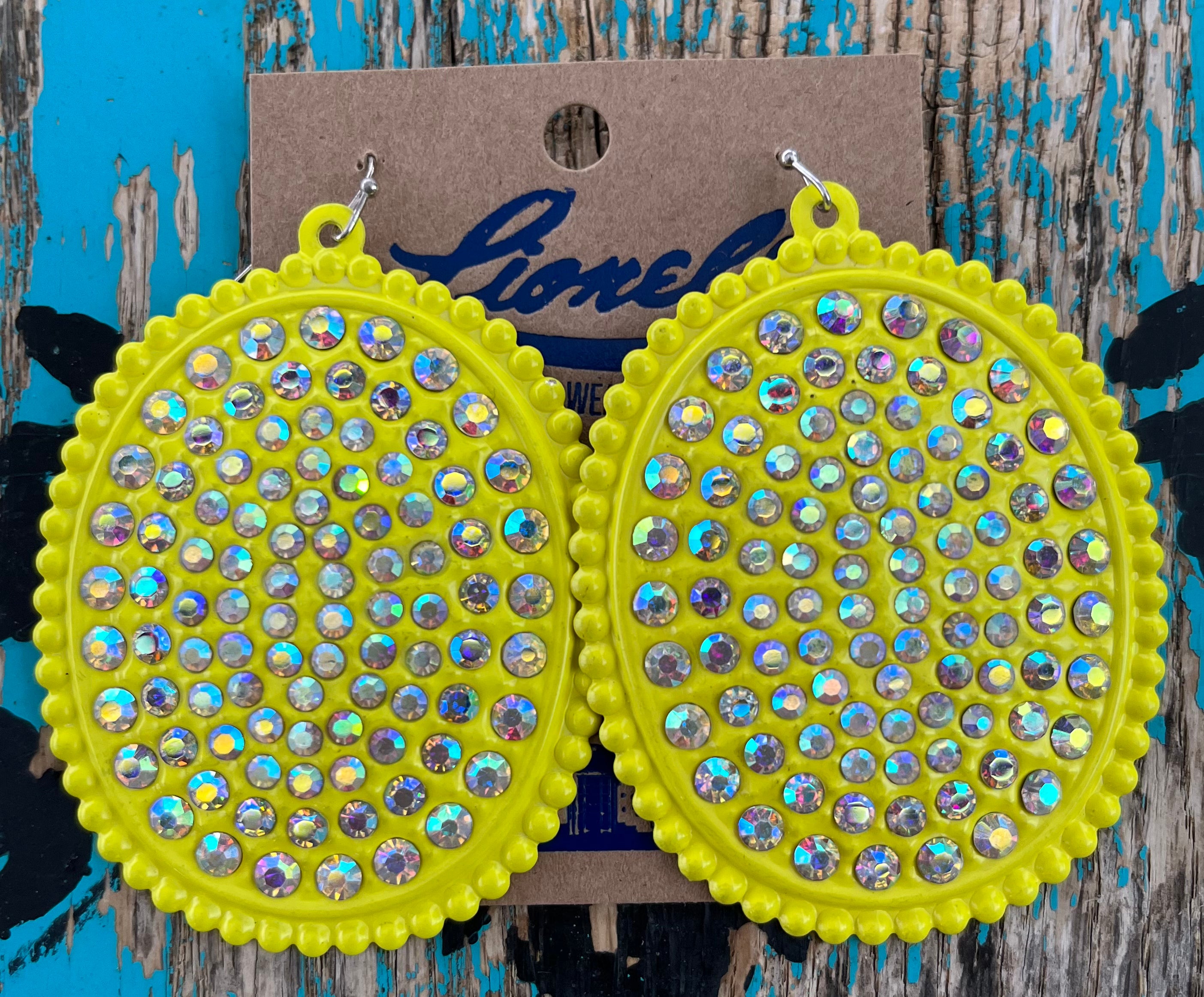 Neon Yellow Concho w/ Clear Rhinestone Earrings