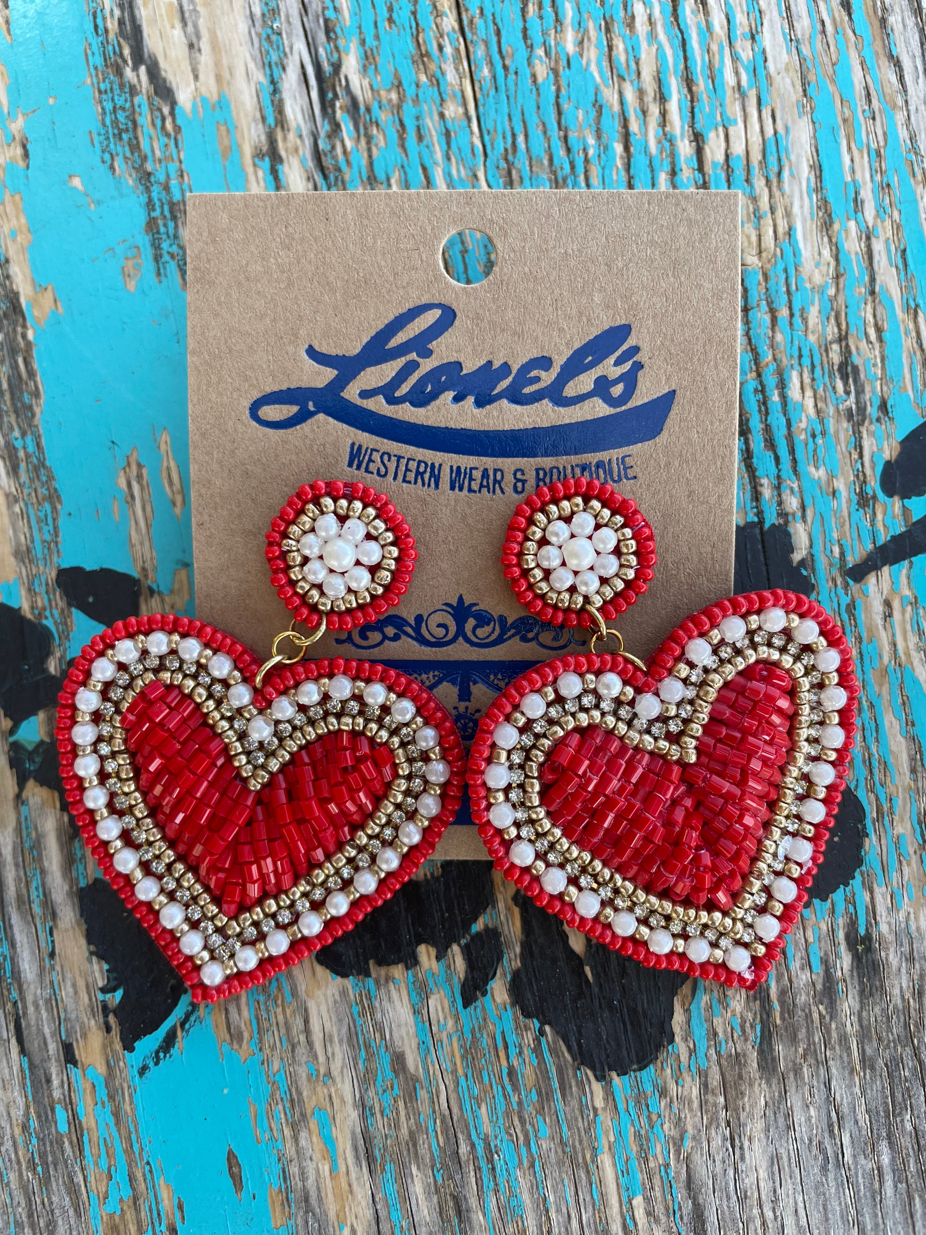 Heart Shaped Beaded Earrings/Red/Cream/Gold