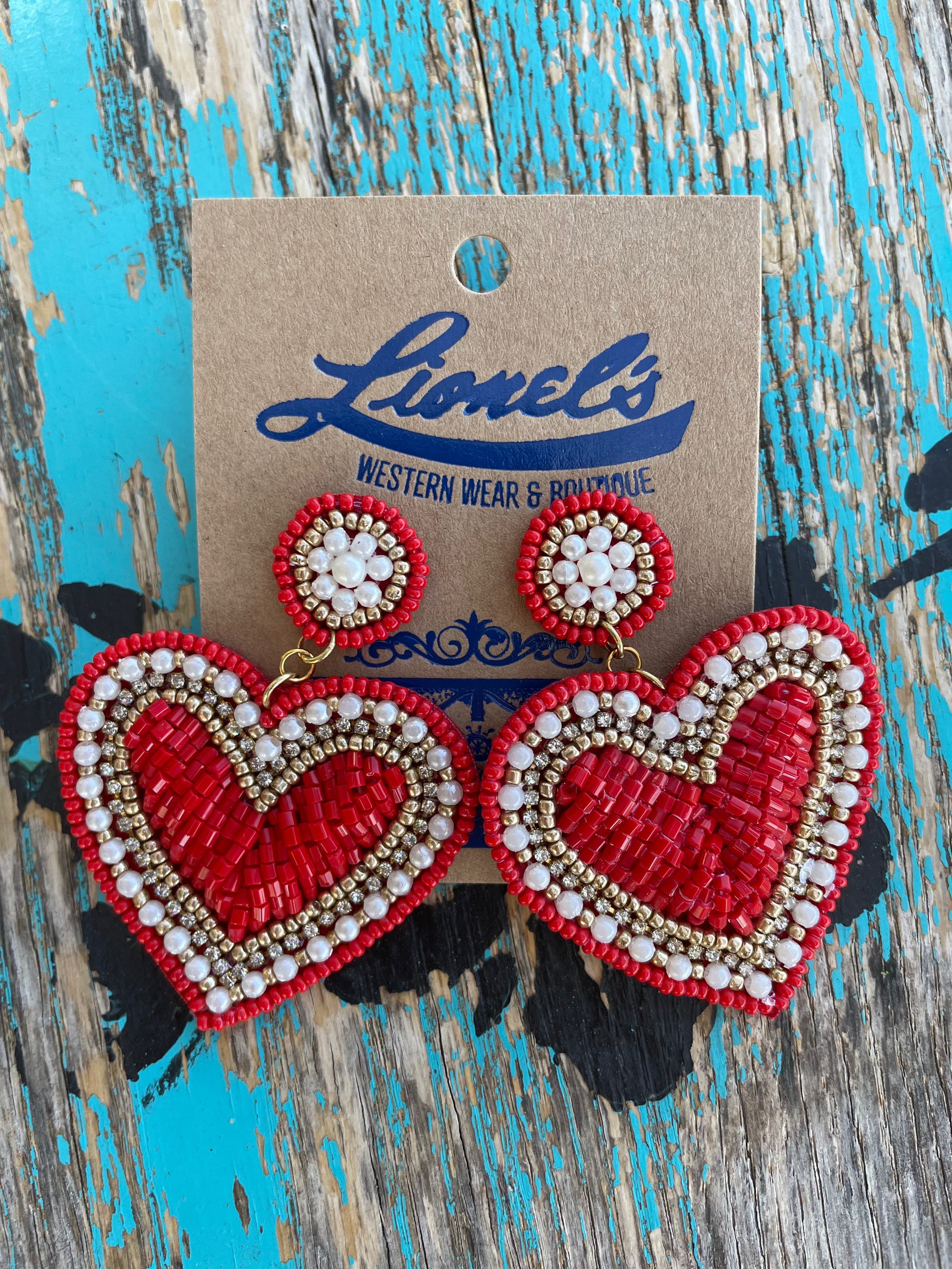 Heart Shaped Beaded Earrings/Red/Cream/Gold