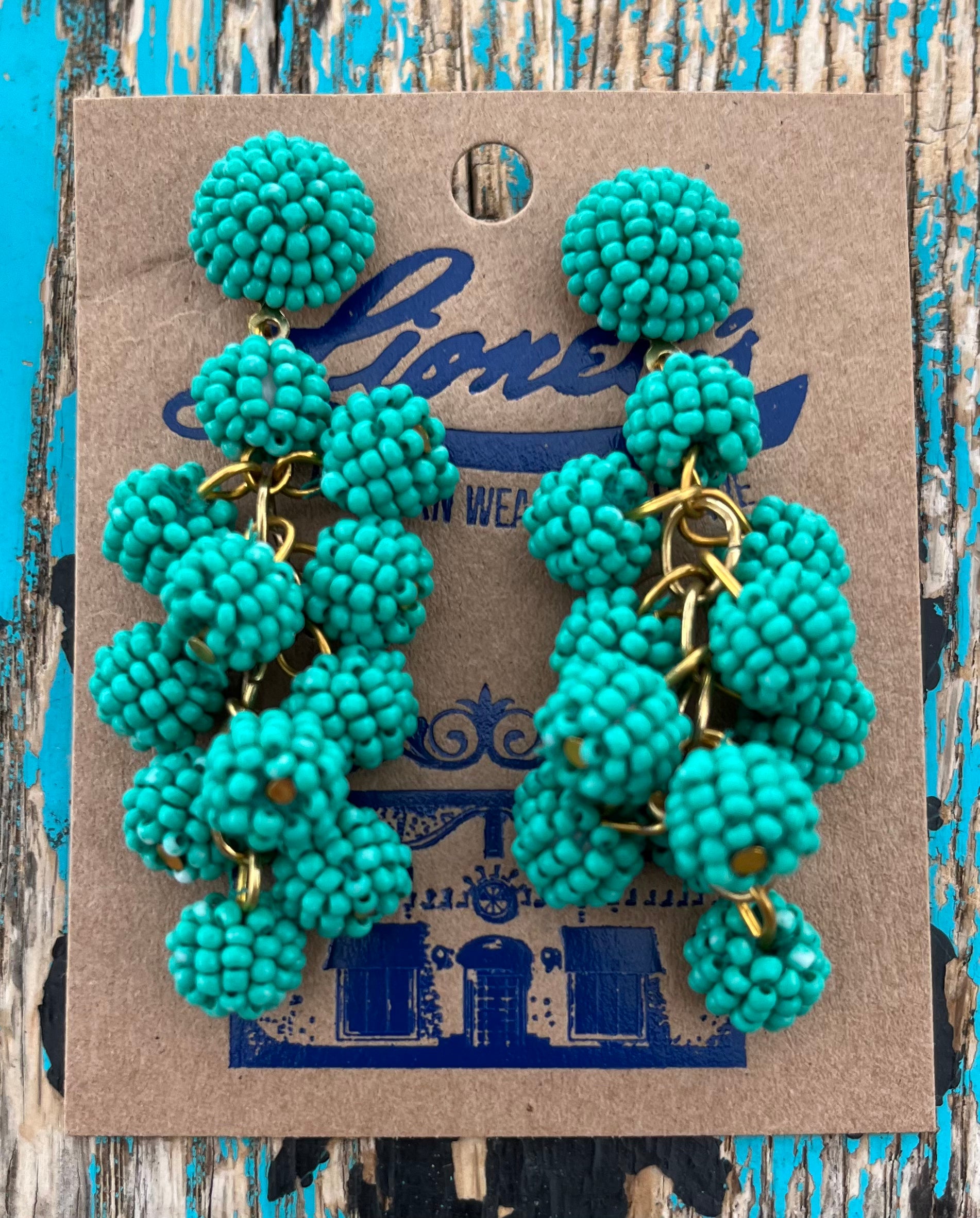 Turquoise Dangling Beaded Balls Pierced Earrings