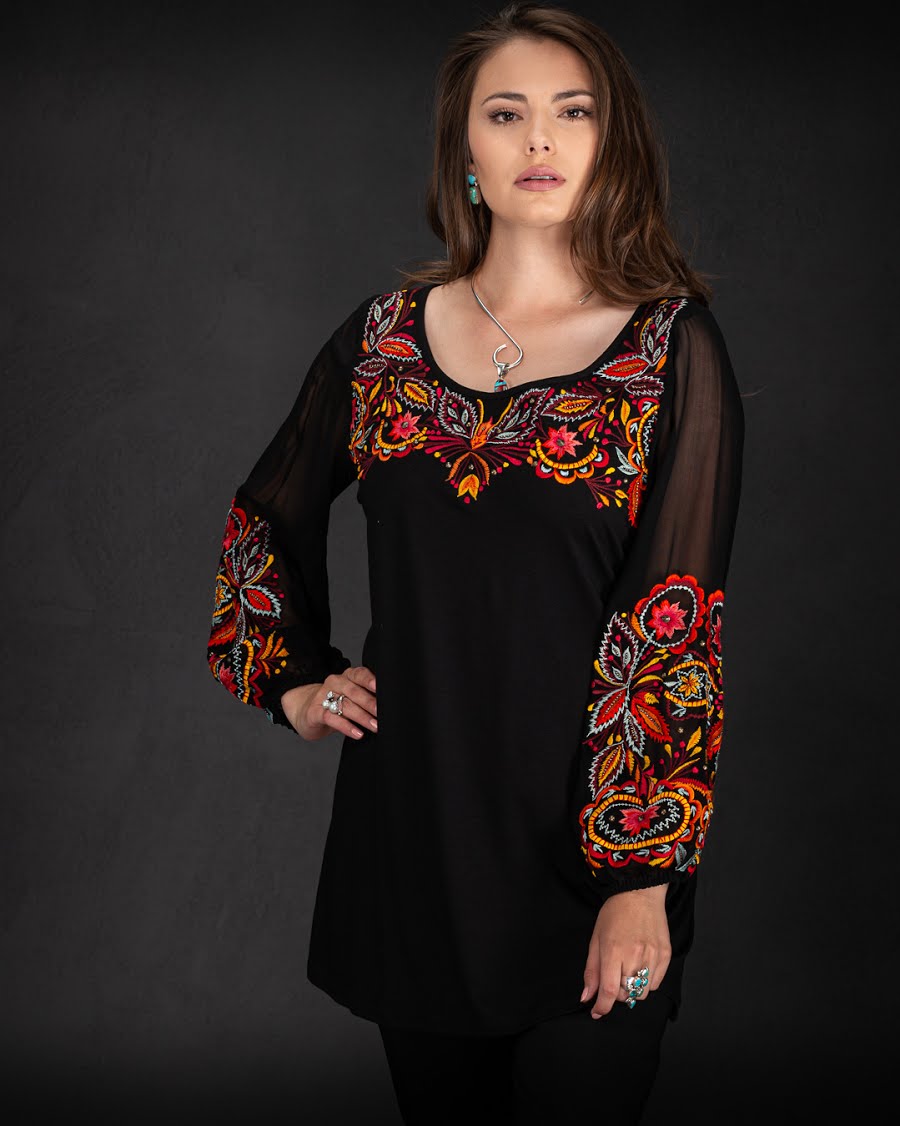 Black Knit Top w/ Multi Colored Embroidery, By Vintage Collection