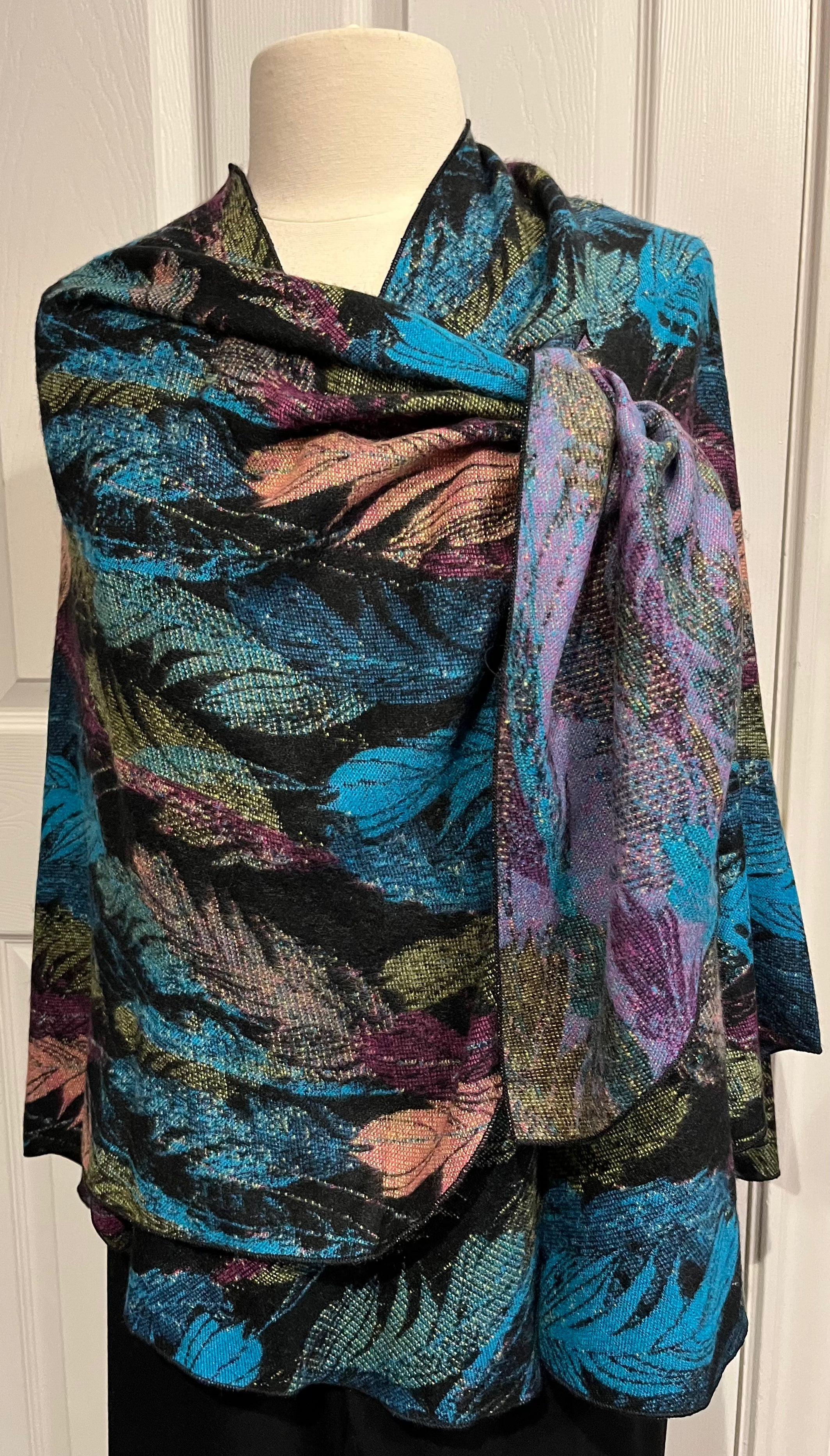 Jewel Tone Feather Design Reversible Cashmere Shawl