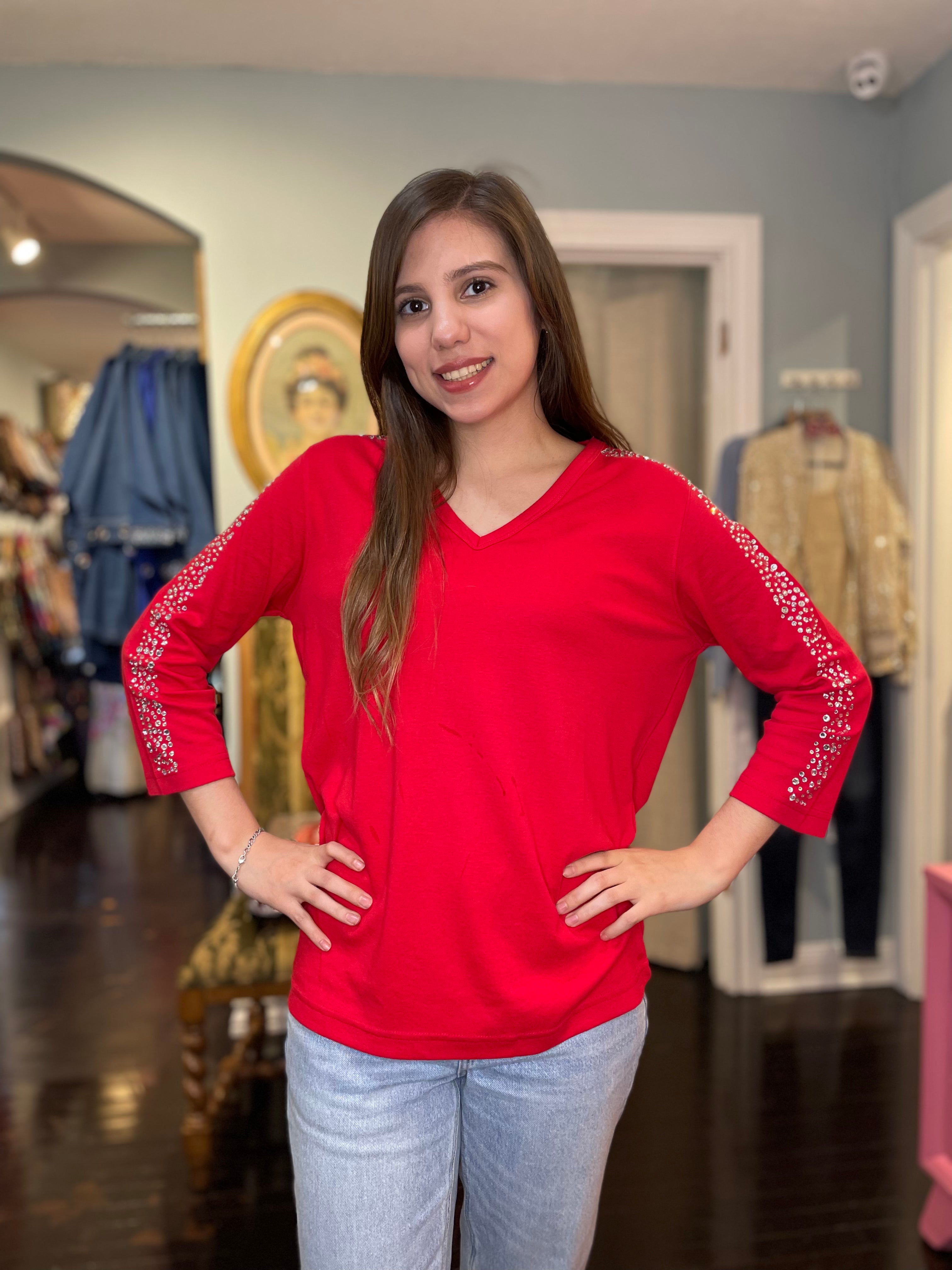 Red V-Neck 3/4 Sleeve Knit Top