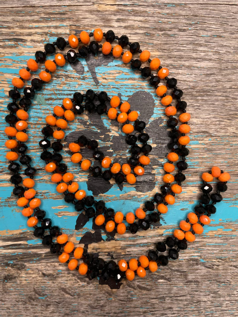 60" Hand Knotted Bead Necklace/Black&Orange