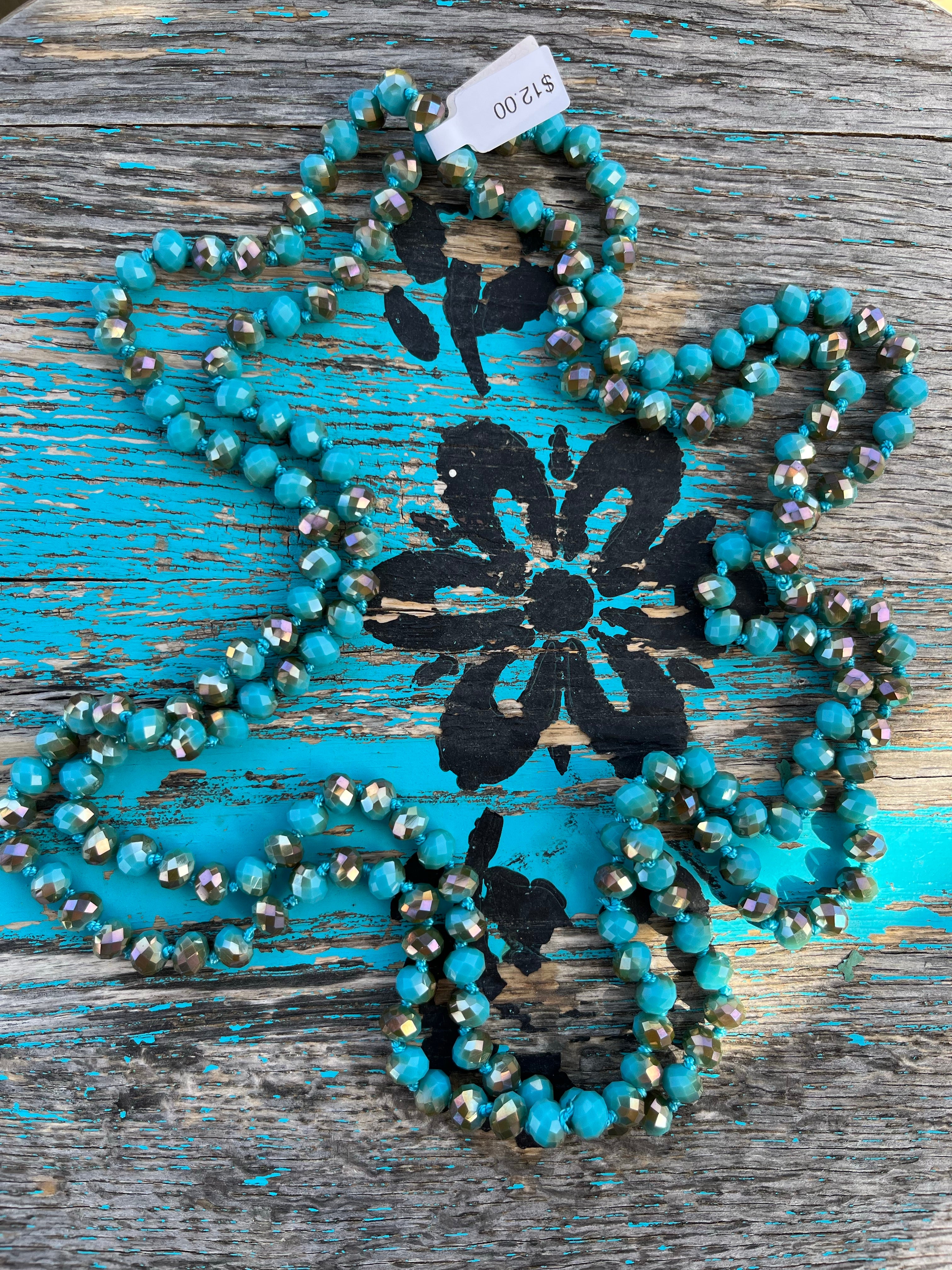 60" Hand Knotted TURQUOISE/TAUPE Bead Necklace