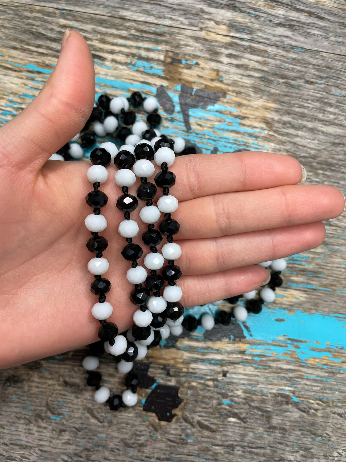 60" Hand Knotted BLACK & WHITE Bead Necklace