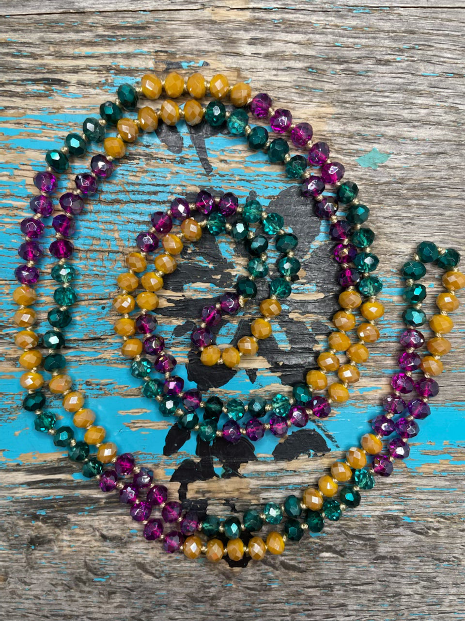 60" Hand Knotted Bead Necklace/Green/Purple/Gold