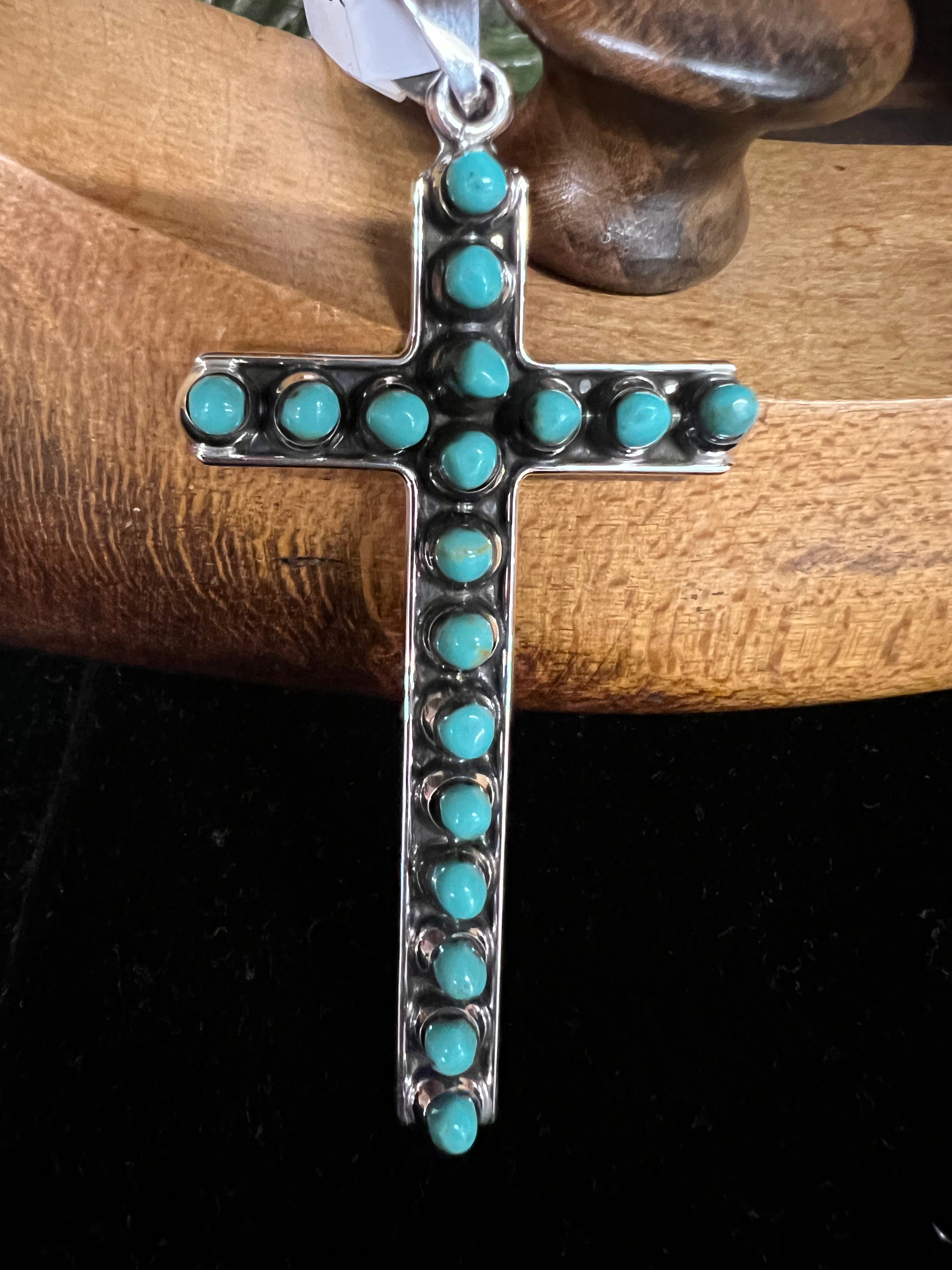 Turquoise on Narrow Silver Cross Pendant