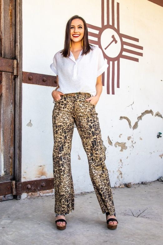 Leopard Print Wide Leg Denim Flare Jeans