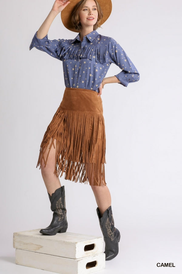 Star Print Chambray Top w/ Fringe