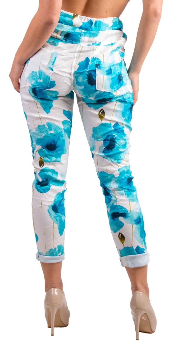 Turquoise Flower Print Cropped Pant