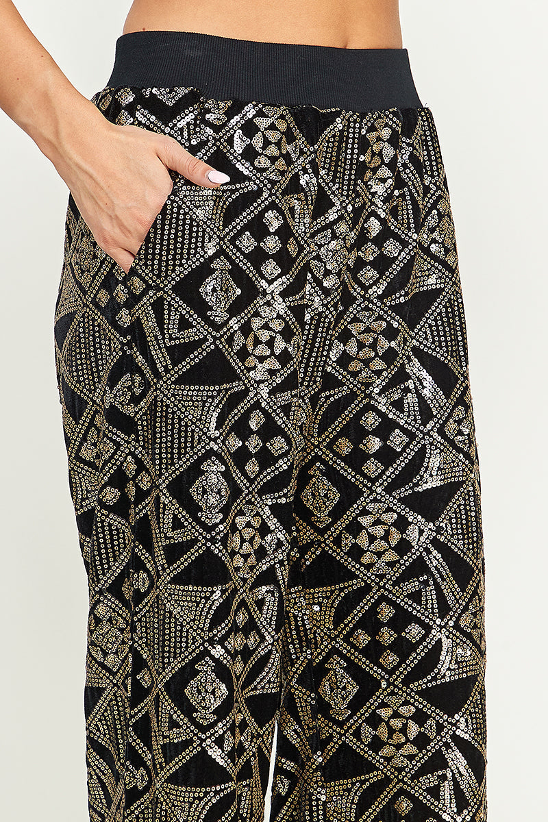 Black Velvet & Sequin Cropped Wide Pants