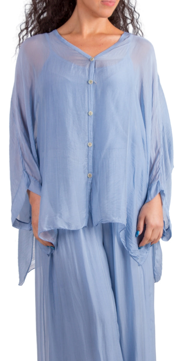 Blue 2-Piece Button Down Silk Blouse