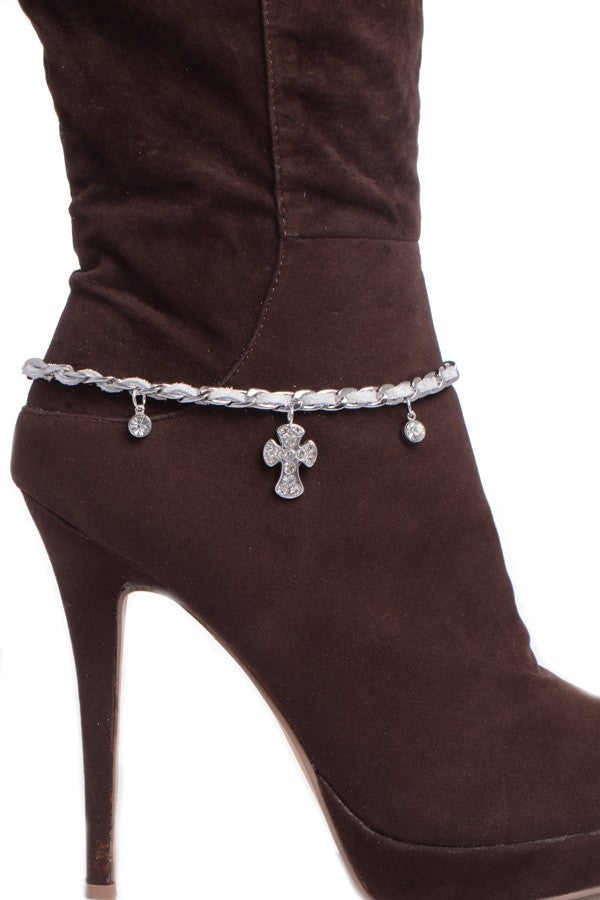 Rhinestone Studded  Silver Cross Boot Leather Chain