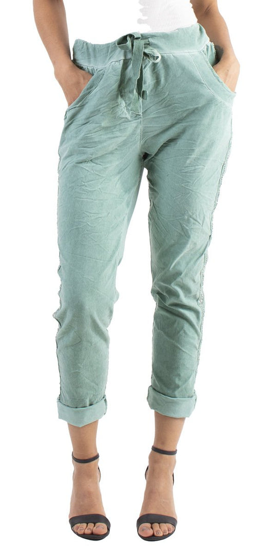 Lake Green Italian One Size Pant w/ Silver Stud Side Seam