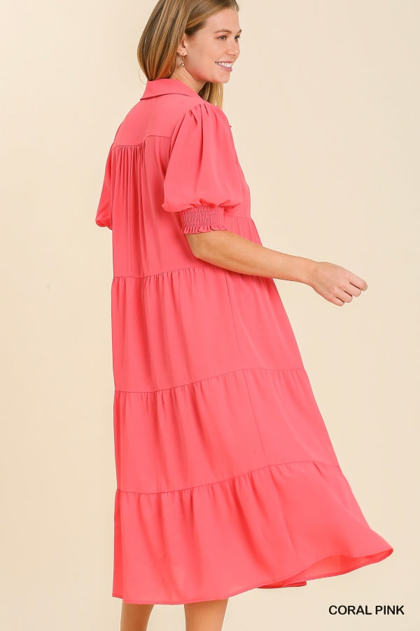 Coral Tiered Maxi Dress w/ Smocked Detail