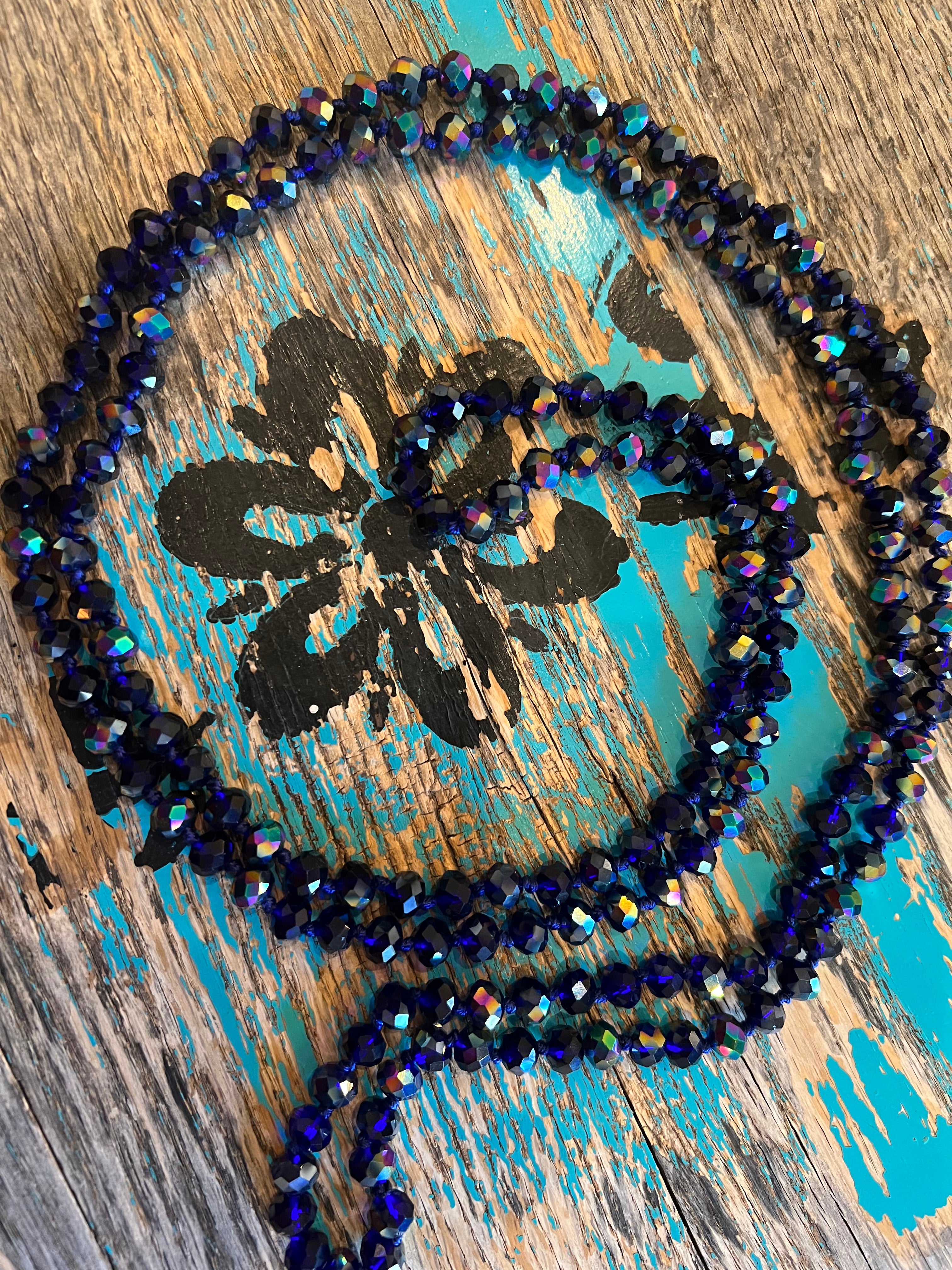 60" Hand Knotted Iridescent NAVY Bead Necklace