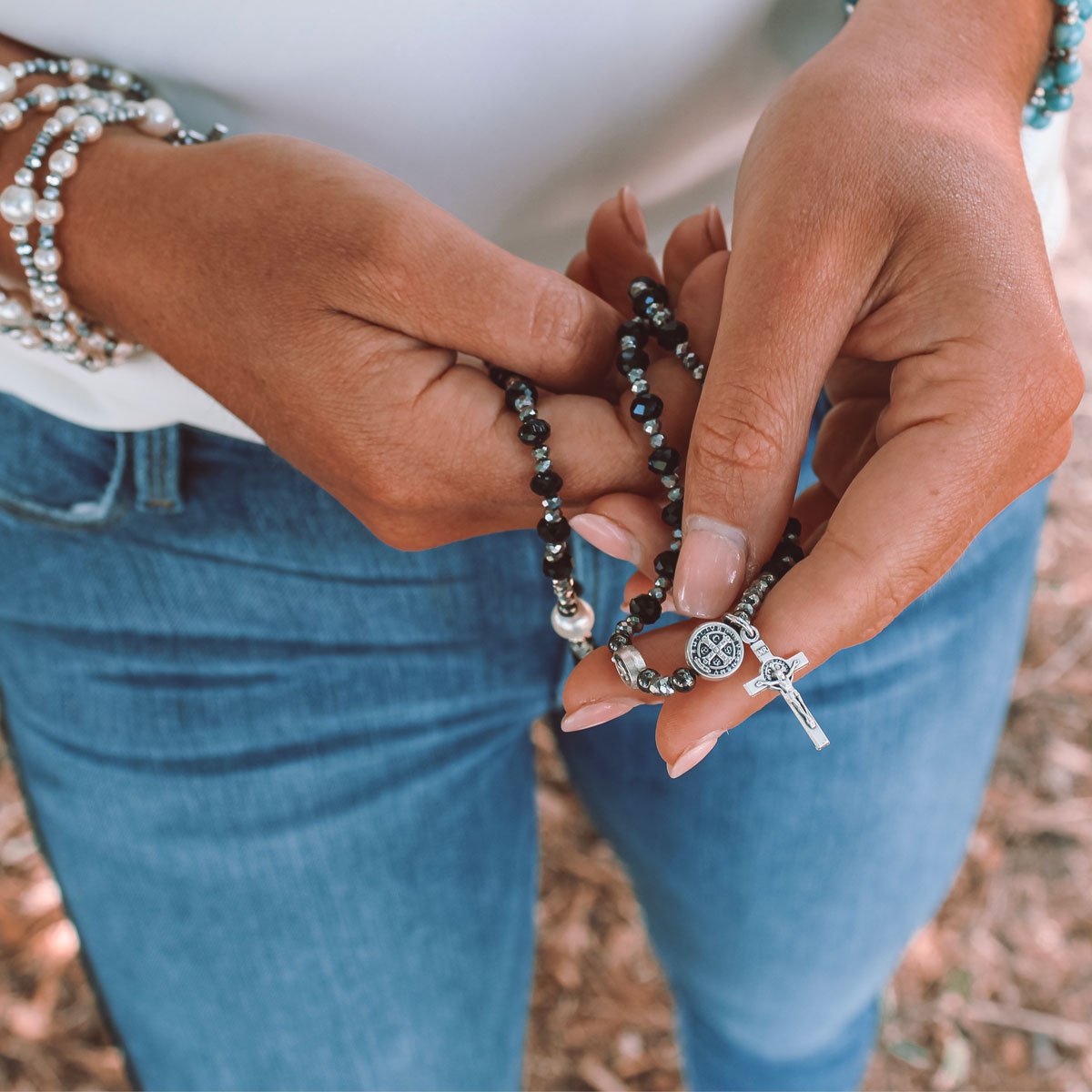 Rosary Wrap Bracelet/Blue Hematite & Pearl
