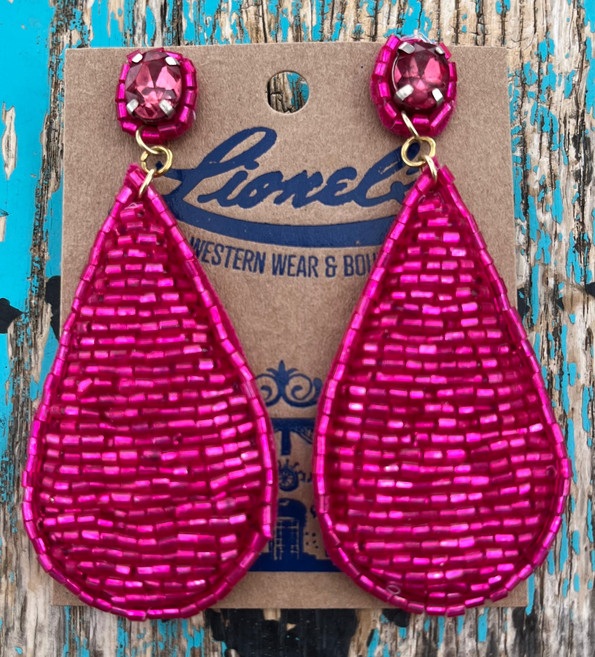 Fuchsia Bugle Bead Teardrop Dangling Earring