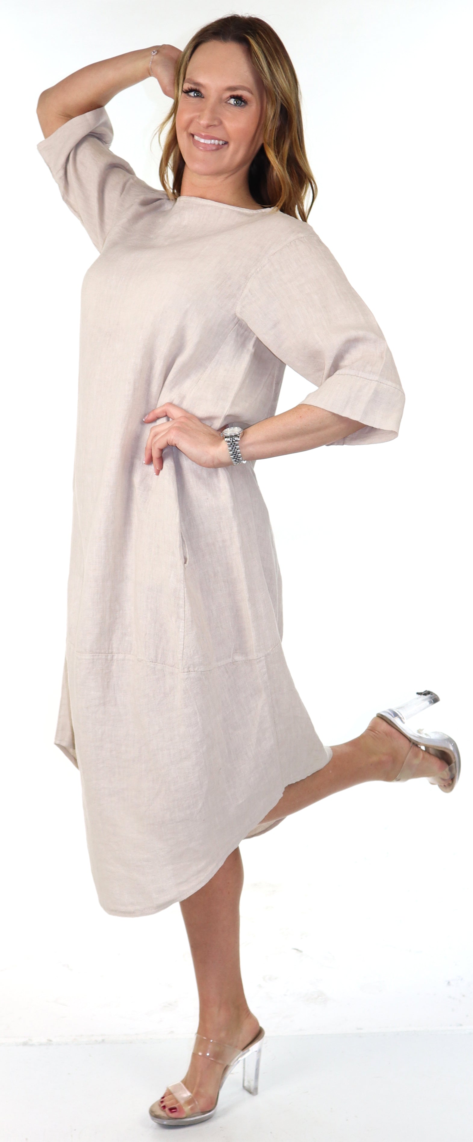 Beige Washed Linen Dress