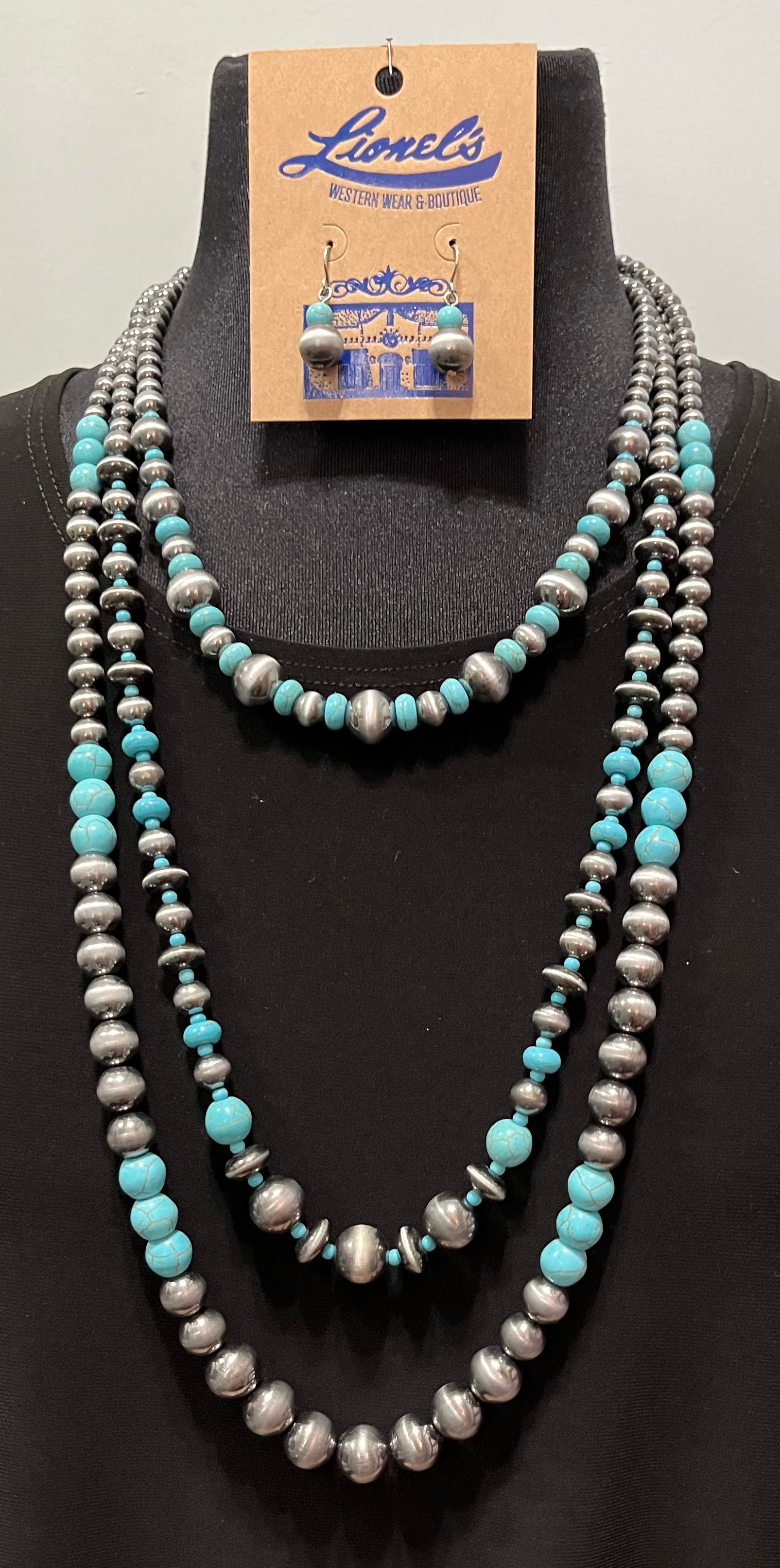 Triple Strand 32" Turquoise/Navajo Pearl Necklace Set