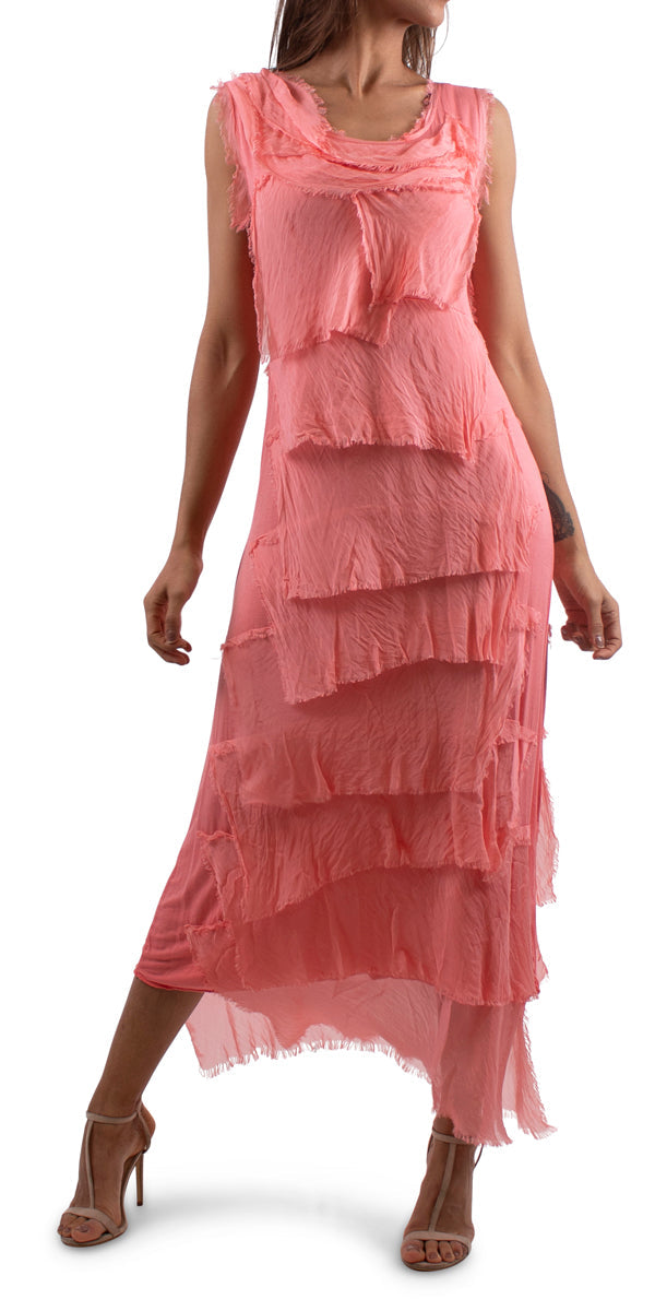 Coral Silk Ankle Length Ruffle Dress