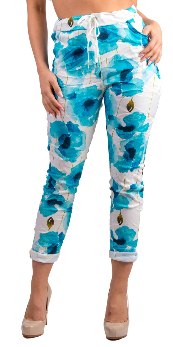 Turquoise Flower Print Cropped Pant